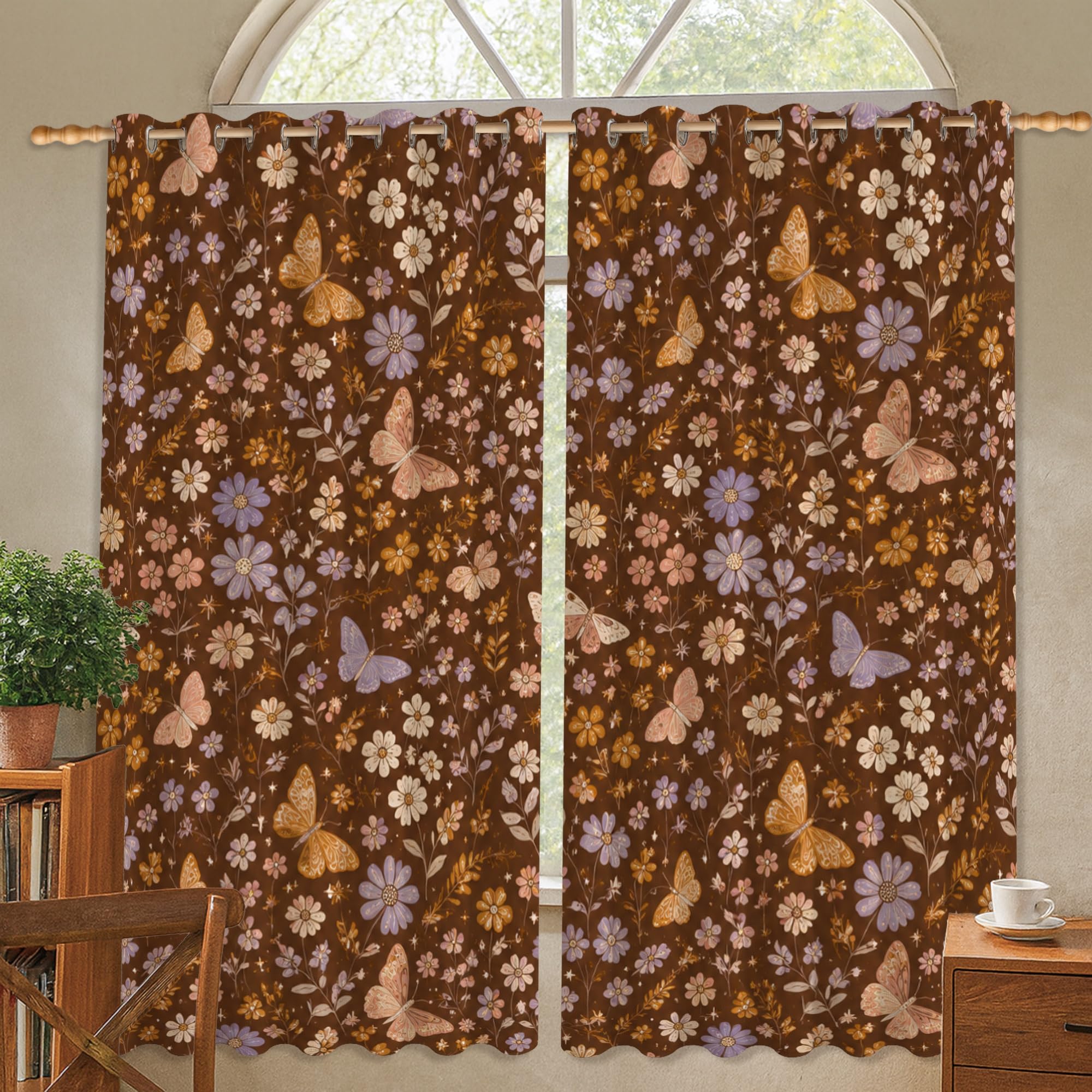 Rideaux occultants marron de style bohème naturel avec motifs fleurs et papillons