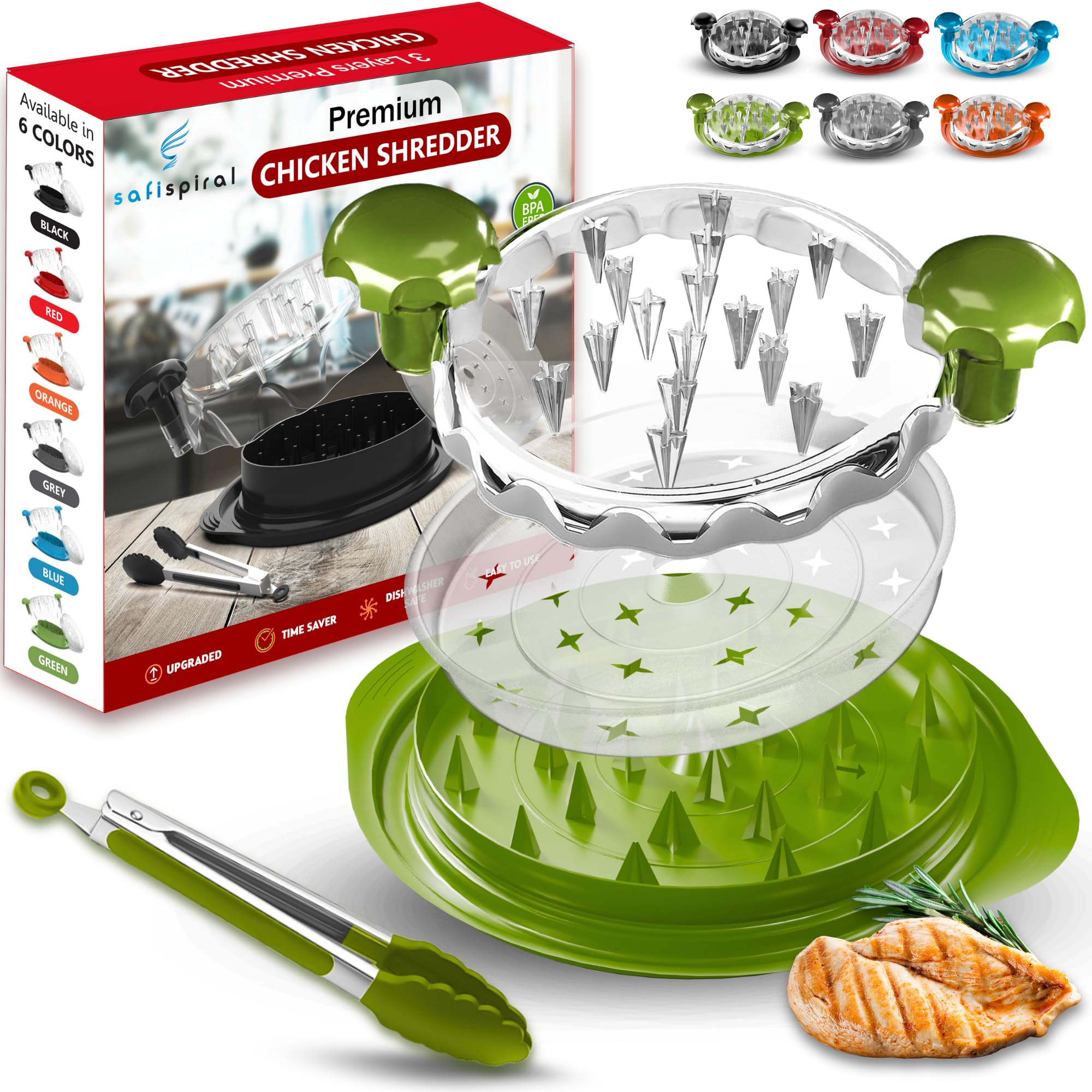 Trituradora de pollo grande – Trituradora de carne antideslizante de 10.2 pulgadas con bandeja extraíble para facilitar la trituración, sin BPA, apta para lavavajillas, resistente al calor, con mango