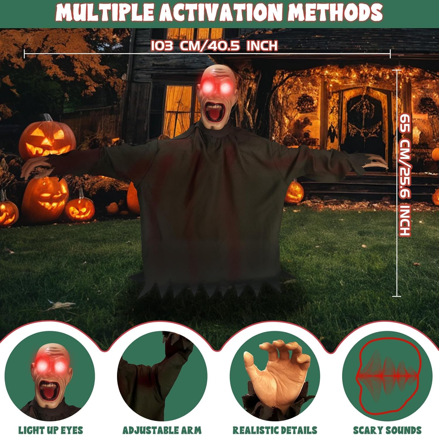 Evoio Animated Halloween Decorations Outdoor Scary Groundbreaker Zombie Props with LED Eye, Swing Body and Creepy Sound, Animatronic Props for Lawn Yard Graveyard Haunted House Outside Halloween Decor