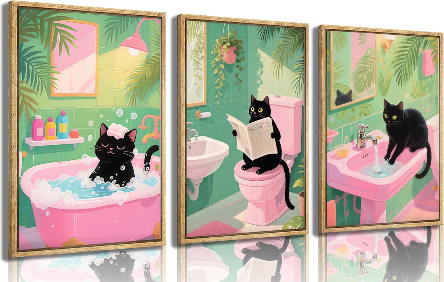 3Pcs Funny Black Cat Bathroom Pink Green Wall Art Cute Animal Bathroom Poster Painting Picture Wall Decor Plants Aesthetics Art Poster Print Artwork for Toilet Bathroom Toilet Washroom Home Decoration
