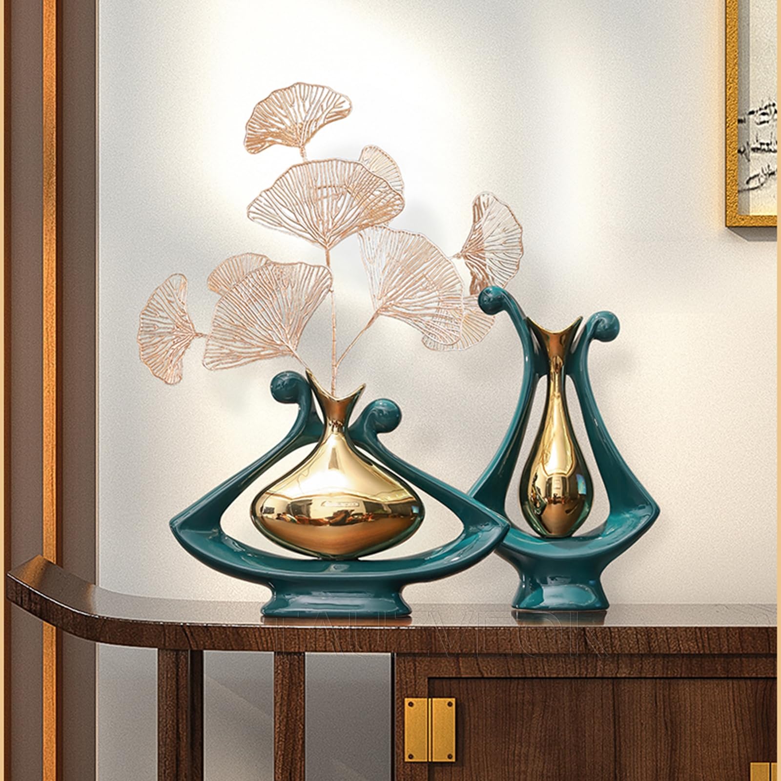 Grün Und Gold Keramik Vase, Moderne Aesthetic Room Decor, Blumenvase für Tischdeko Hochzeit, Wohnzimmer,Büro,Schlafzimmer Deko,Green Set