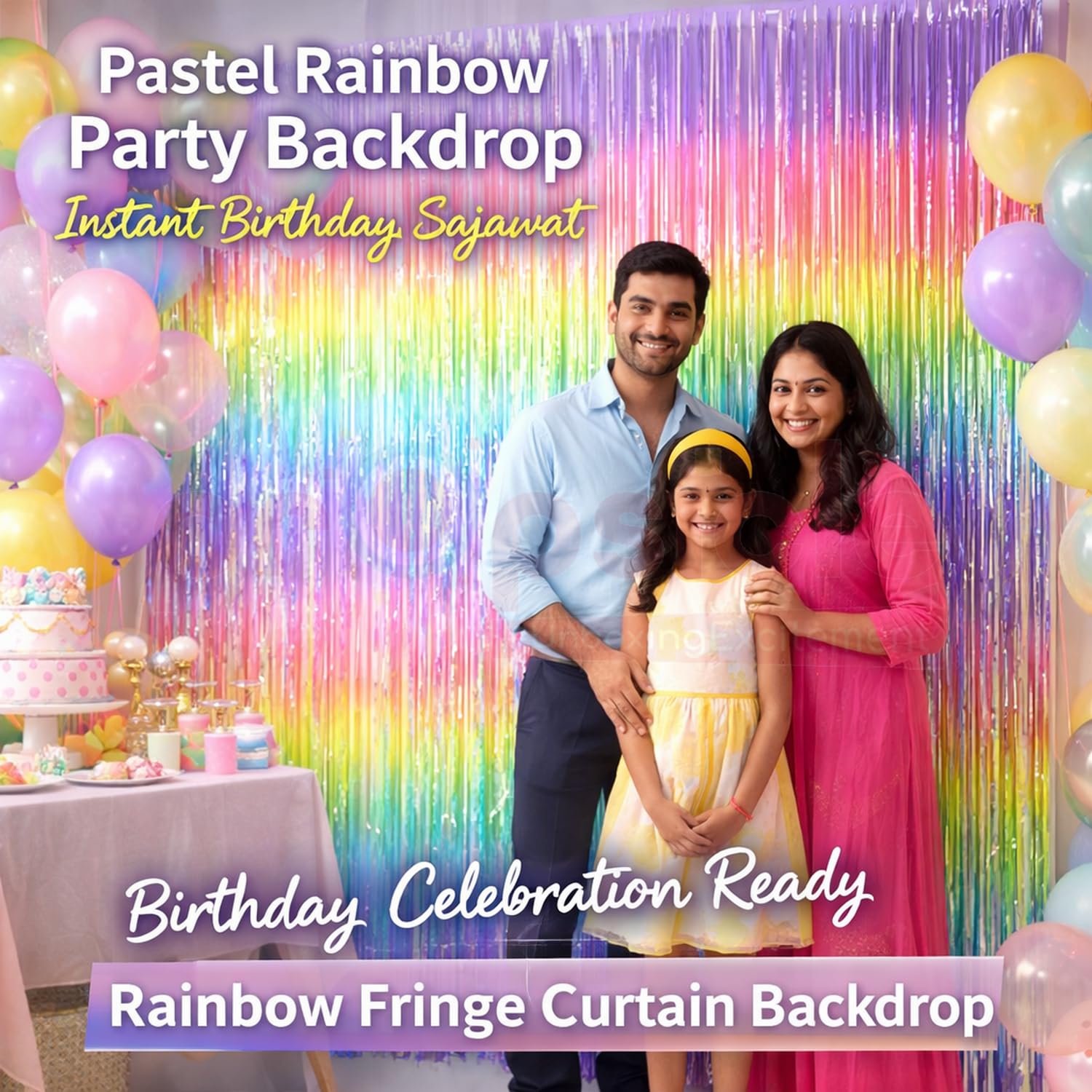 Propsicle Pastel Rainbow Foil Fringe Curtains Girl Birthday Decoration