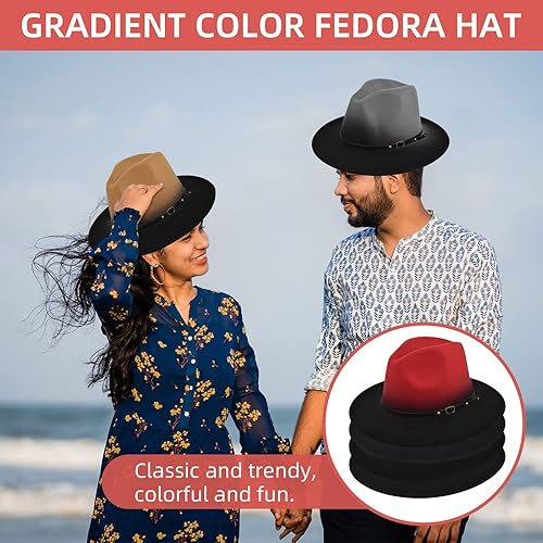 Miniatura 2 de Sombrero Fedora clásico de ala ancha para mujer, paquete de 4 sombreros retro Panamá de lana con hebilla de cinturón