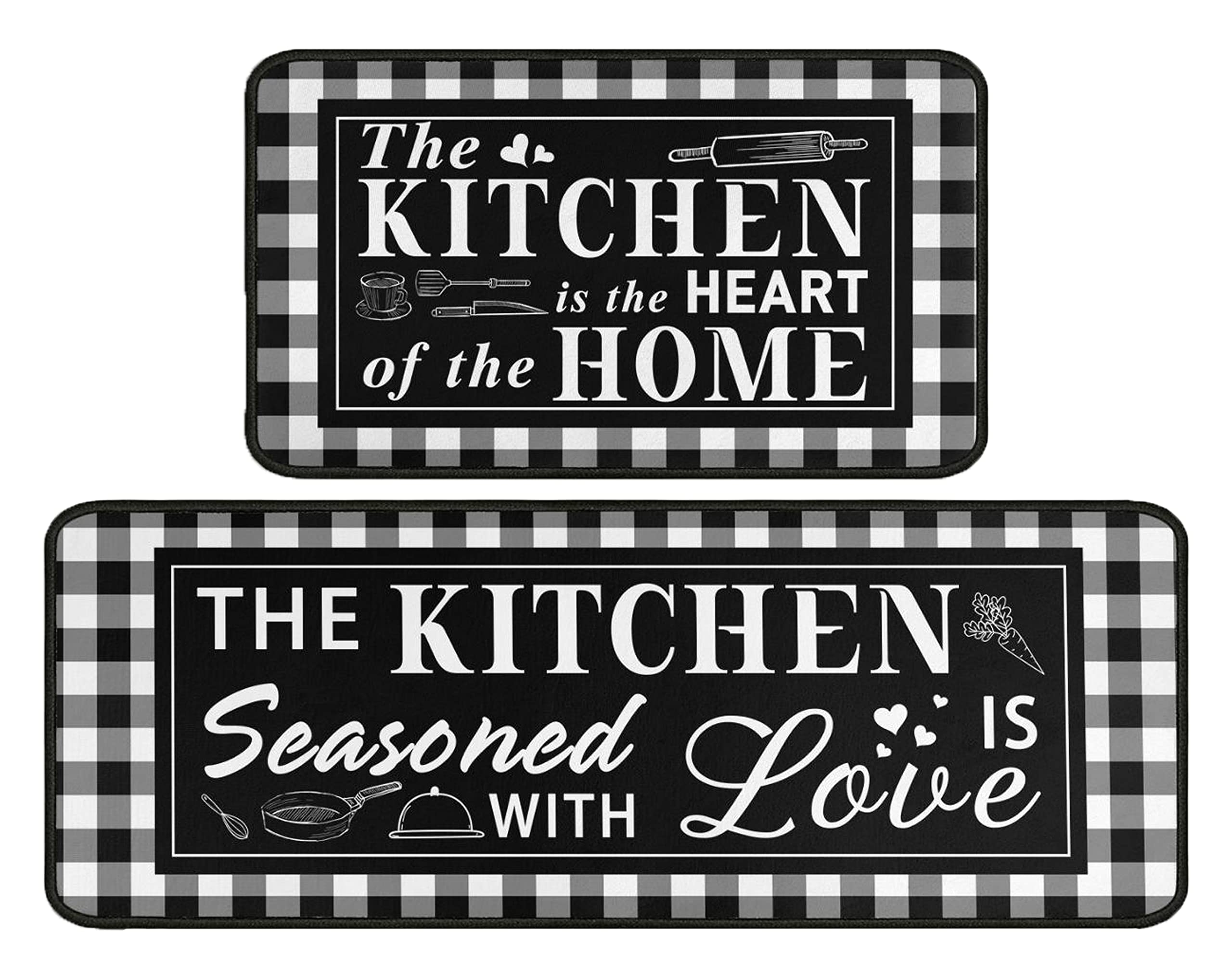 2 Piece Buffalo Plaid Black and White Kitchen Rug Set, Home Kitchen Sink Rugs and Mats Non Skid Washable Absorbent Microfiber Kitchen Floor Decor