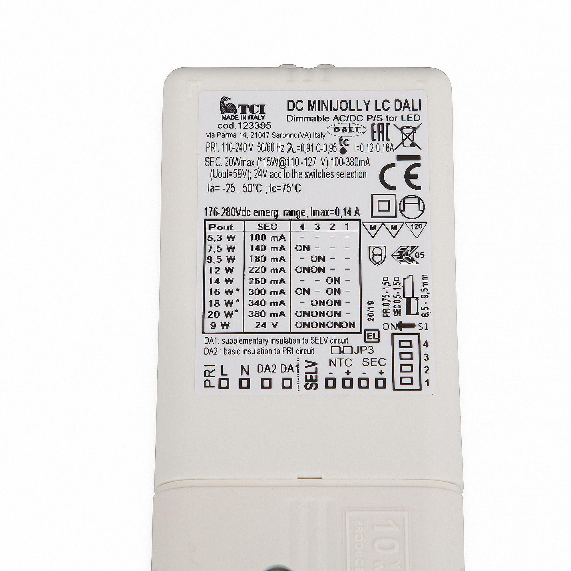 Transformateur de source d'alimentation constante LED TCI DC, MINI Jolly DALI 20 5,4 W à 20 W 122395 Transformateur LED pour éclairage LED