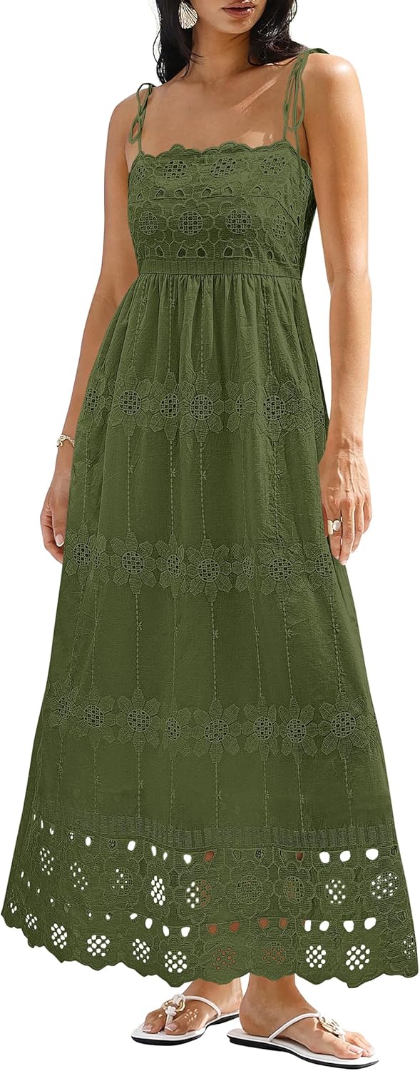 dowerme Womens Summer Maxi Dresses 2026 Casual Spaghetti Strap Smocked Eyelet Cotton Dress Long Beach Vacation Sundress