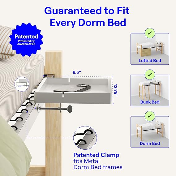 BedShelfie Bedside Shelf for Bunk Bed & Top Bunk, College Dorm Room Essentials, Loft Nightstand, Floating Bed Side Table Tray Storage, Dorm Room Decor By Smallish - (FlexFit Model, White)