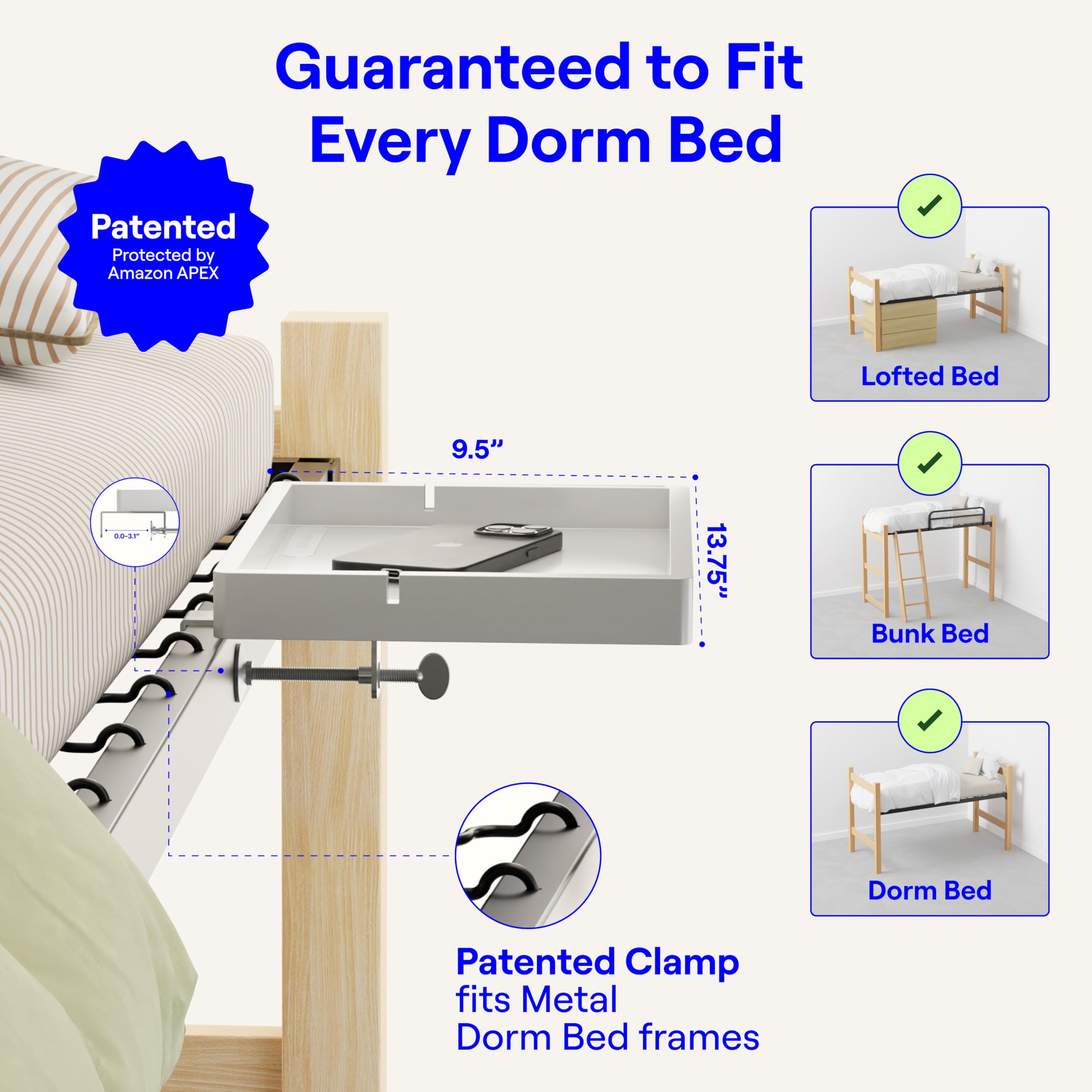 BedShelfie Étagère de Chevet pour Lit, Table de Nuit Suspendue, Accessoires Essentiels pour Dortoir Universitaire, Table de Chevet à Suspendre de Loft, Plateau de Lit (Modèle Flexfit, Blanc)