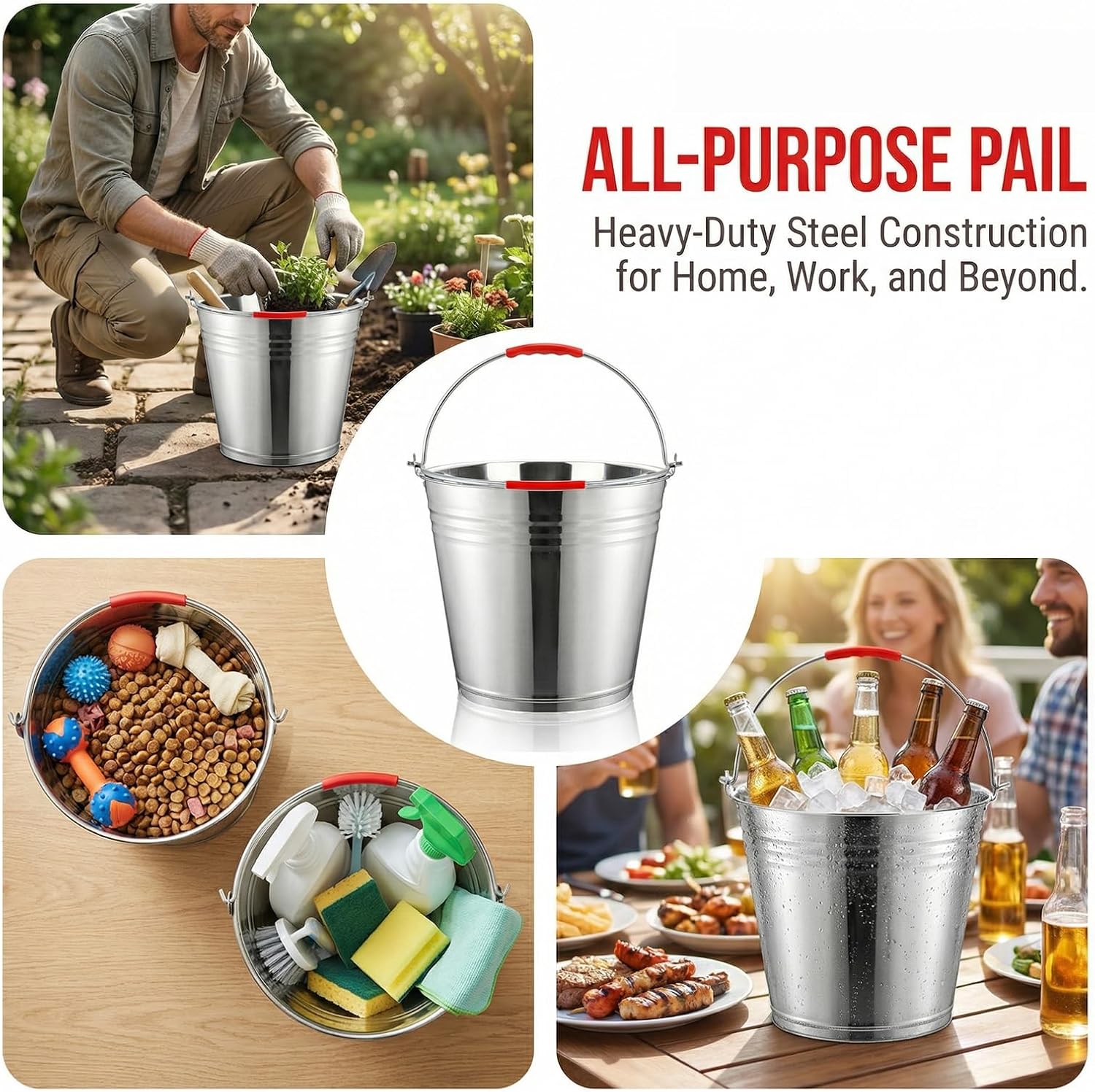 Nicunom 3 Pack 4 Gallon Metal Bucket Pail Container with Handle, Heavy Duty All Purpose Pails Food Grade Steel Buckets for for Outdoor and Household