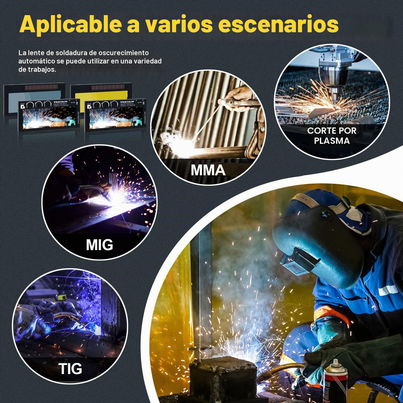 Lente de soldadura de oscurecimiento automático 2x4 1/4, tono variable 5-13, tecnología de color verdadero, sensibilidad ajustable/tiempo de recuperación/rango de tono, se adapta a la mayoría de
