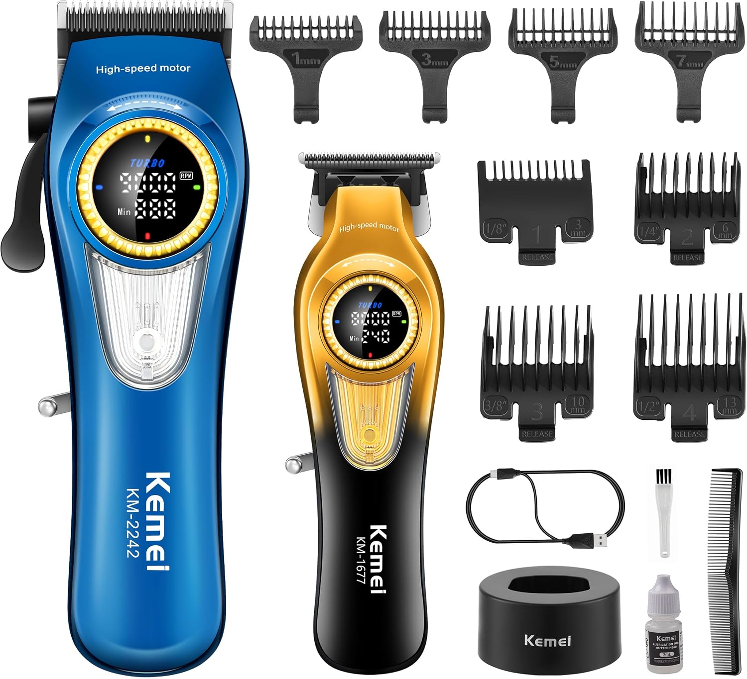 KEMEI Professional Hair Clippers for Men, Cordless Barber Clippers with LED Display and Charging Base, T-Blade Hair Trimmer, KM-2242 Blue, KM-1677