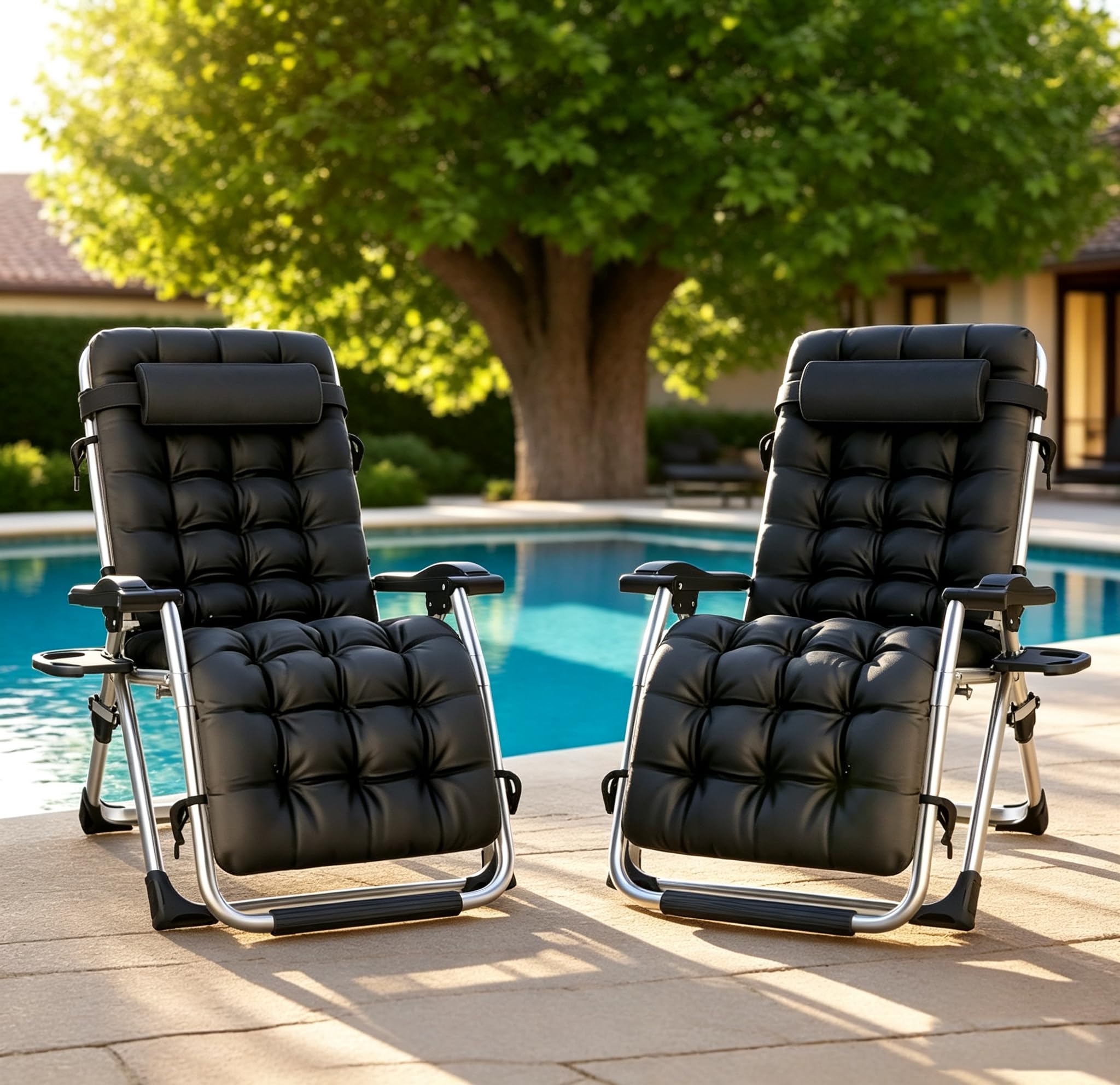 Chaise Longue Pliante Gravité Zéro avec Coussin Amovible & Appui-Tête Réglable, Cadre Acier Anti-Humidité, 65cm, Charge 200kg, Sac & Plateau Latéral Inclus, pour Jardin et Balcon, Noir*2