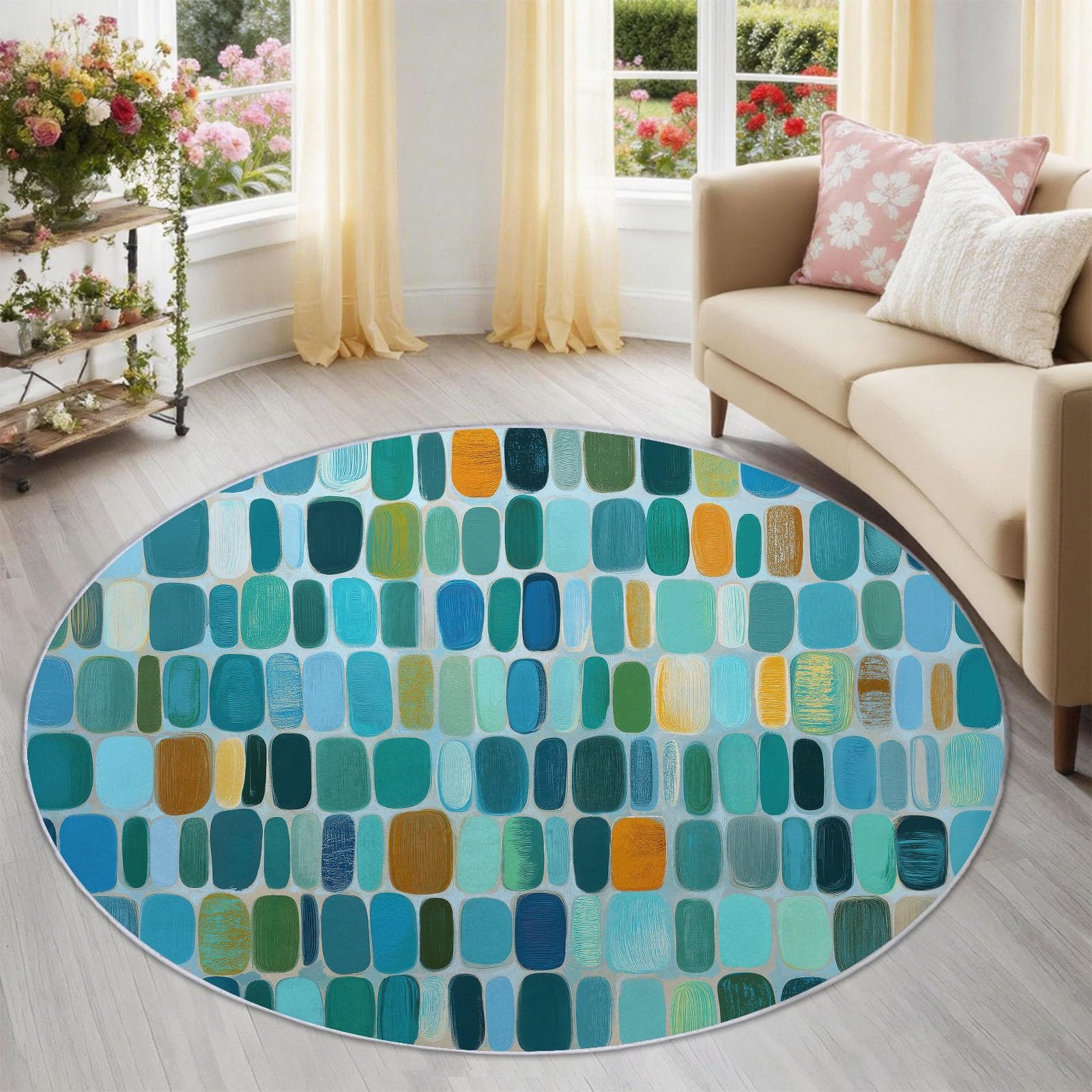 Moquette poil ras bleu avec tapis rond 160 cm abstrait pour salle de séjour