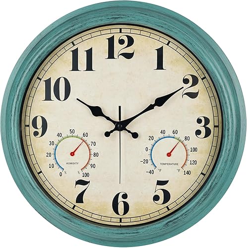 zyzamay Reloj de pared vintage de 16 pulgadas para interiores y exteriores, con termómetro e higrómetro e impermeable, números de barrido