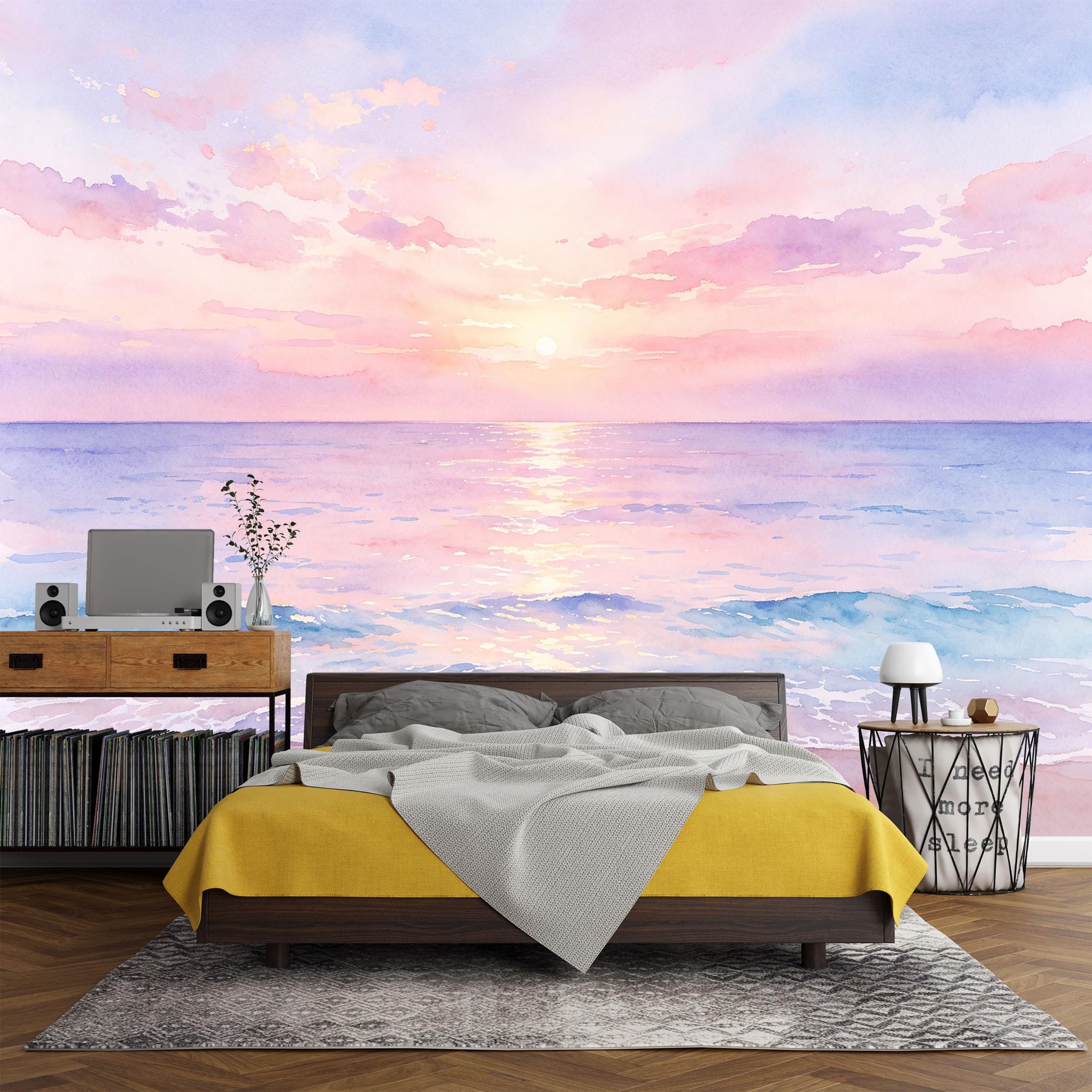 Custom Size Wall Mural， Coastal Sunset Ocean Waves Watercolor Seaside Horizon，SelfAdhesive Art Prints wall Fabric (No PVC) Removable Wallpaper Living Room Decor