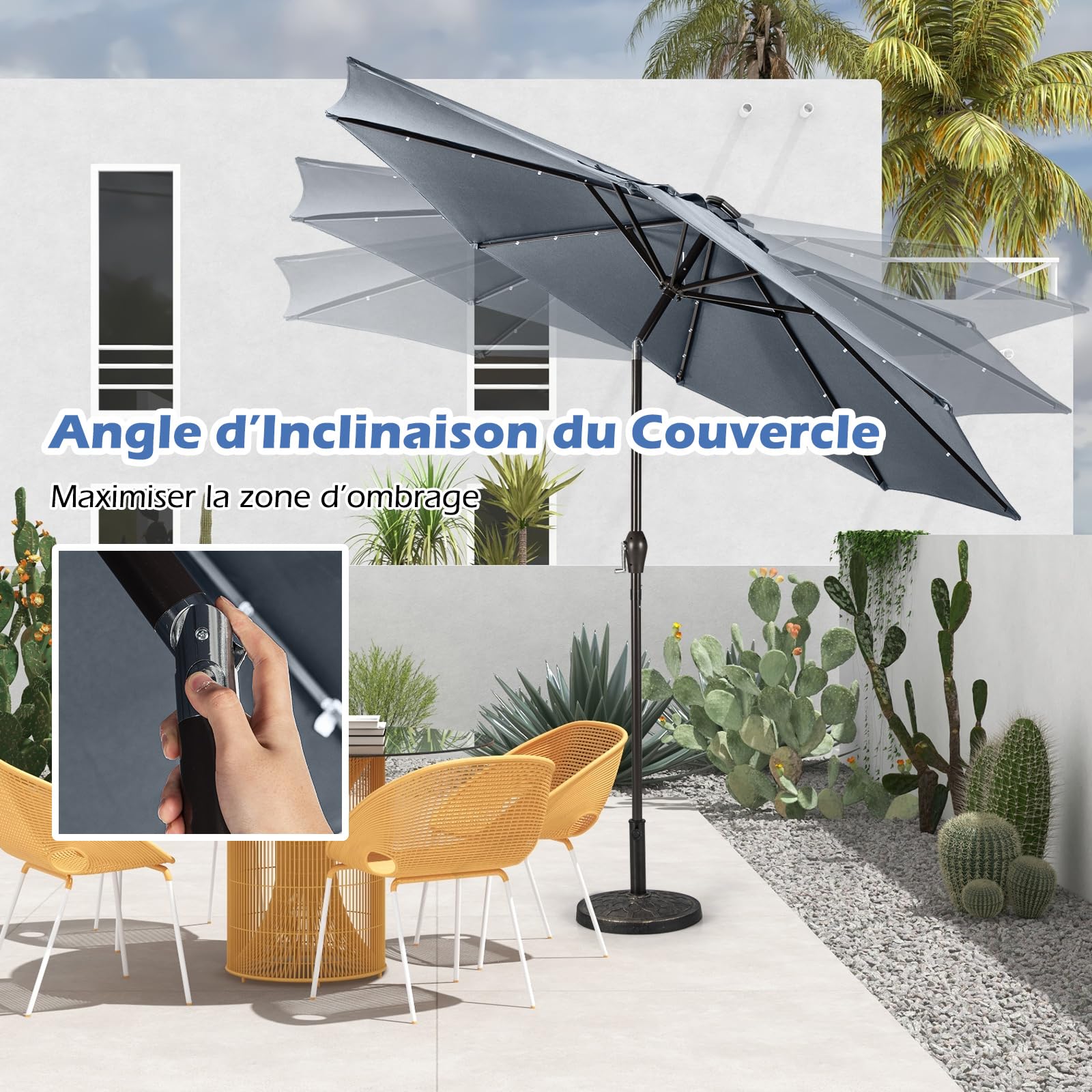 RELAX4LIFE Parasol Inclinable LED 3M à 8 Baleines en Fibre de Verre, Gris