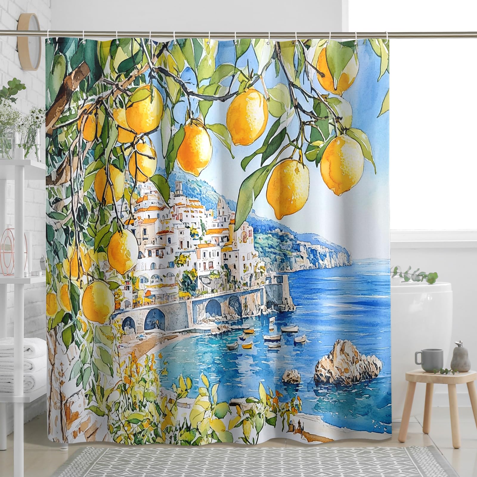 Cortina de ducha de limón, cortina de ducha de acuarela amarilla cítrica para decoración de baño, estilo moderno costero, cortina de ducha de tela impermeable con ganchos, 72 x 78 pulgadas