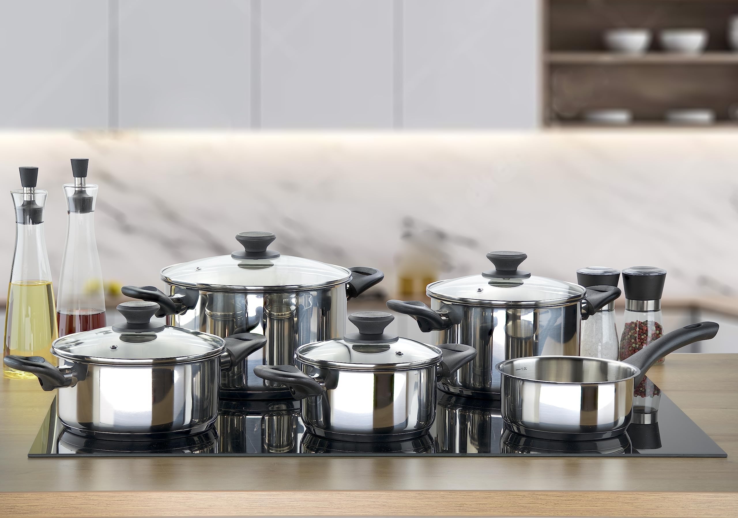 Linnuo Topfset Induktion Kochtopf Set Edelstahl Töpfe mit Glasdeckel Griff nicht heiß, Kochgeschirr Induktion, stabiler Boden für alle Herde induktionsgeeignet, Topf groß klein, Cooking Pot Set