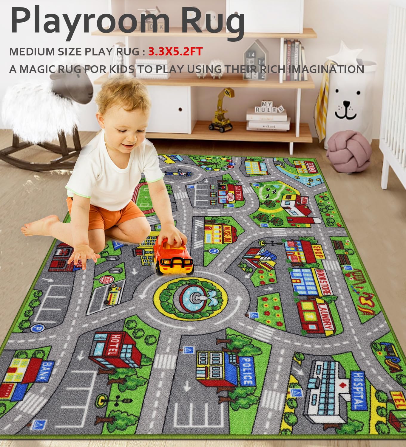 Kids Rug 3'3" x 5'2" City Life Playmat Area Rug Car City Map Washable Traffic Road Educational Learning Nursery Rug Carpet for Children Playroom Living Room Bedroom Classroom Decor Green