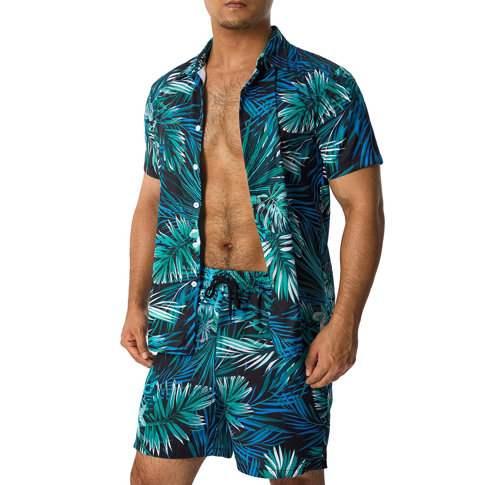 Qtinghua Conjunto de camisa estampada hawaiana para hombre, camisa de manga corta con botones y pantalones cortos, traje de playa de verano