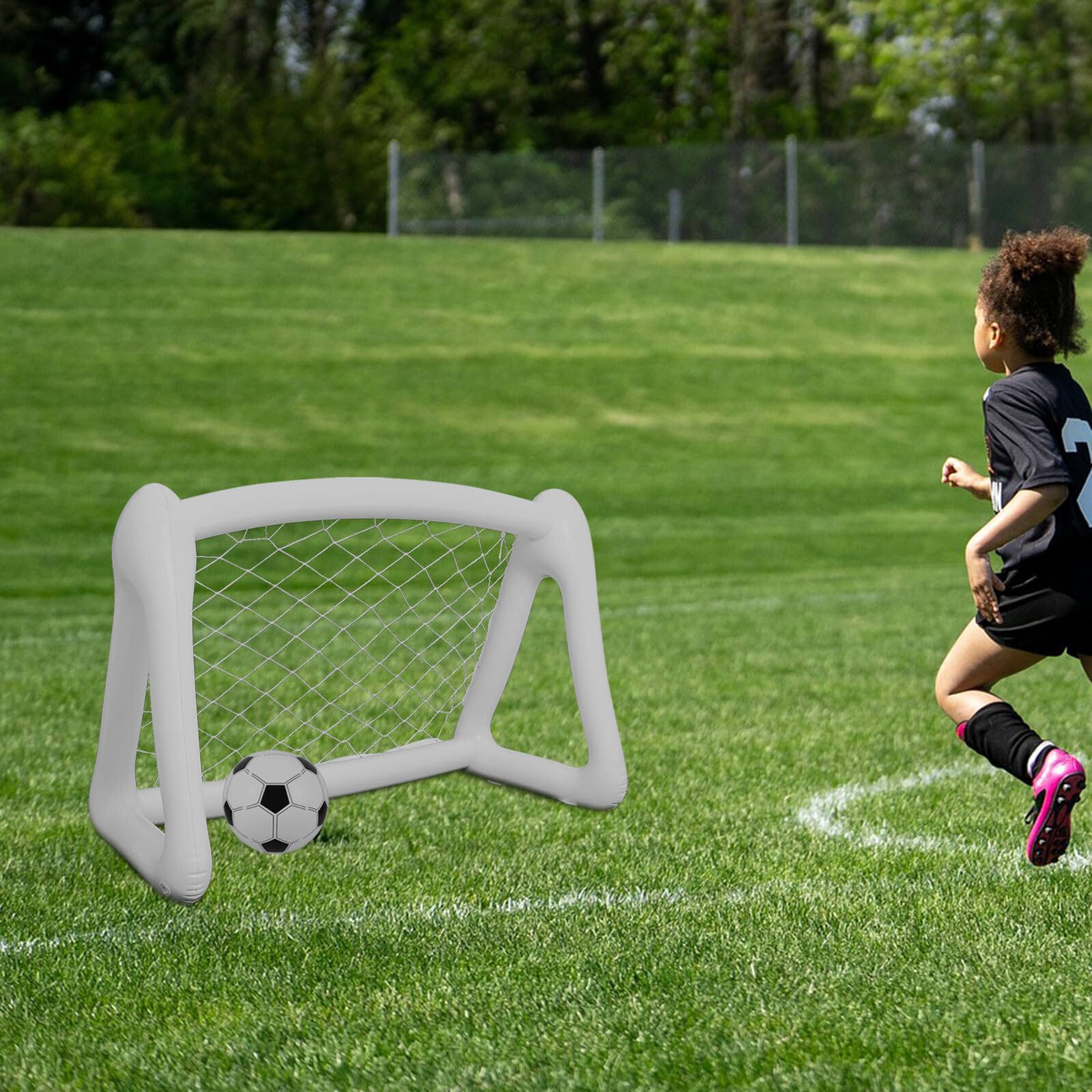 Set Porta da Calcio Gonfiabile Portatile Rete per Bambini, Mini Cancello da Calcetto Pieghevole per Giochi All’aperto, Attrezzatura per Allenamento Calcio in Giardino e Attività
