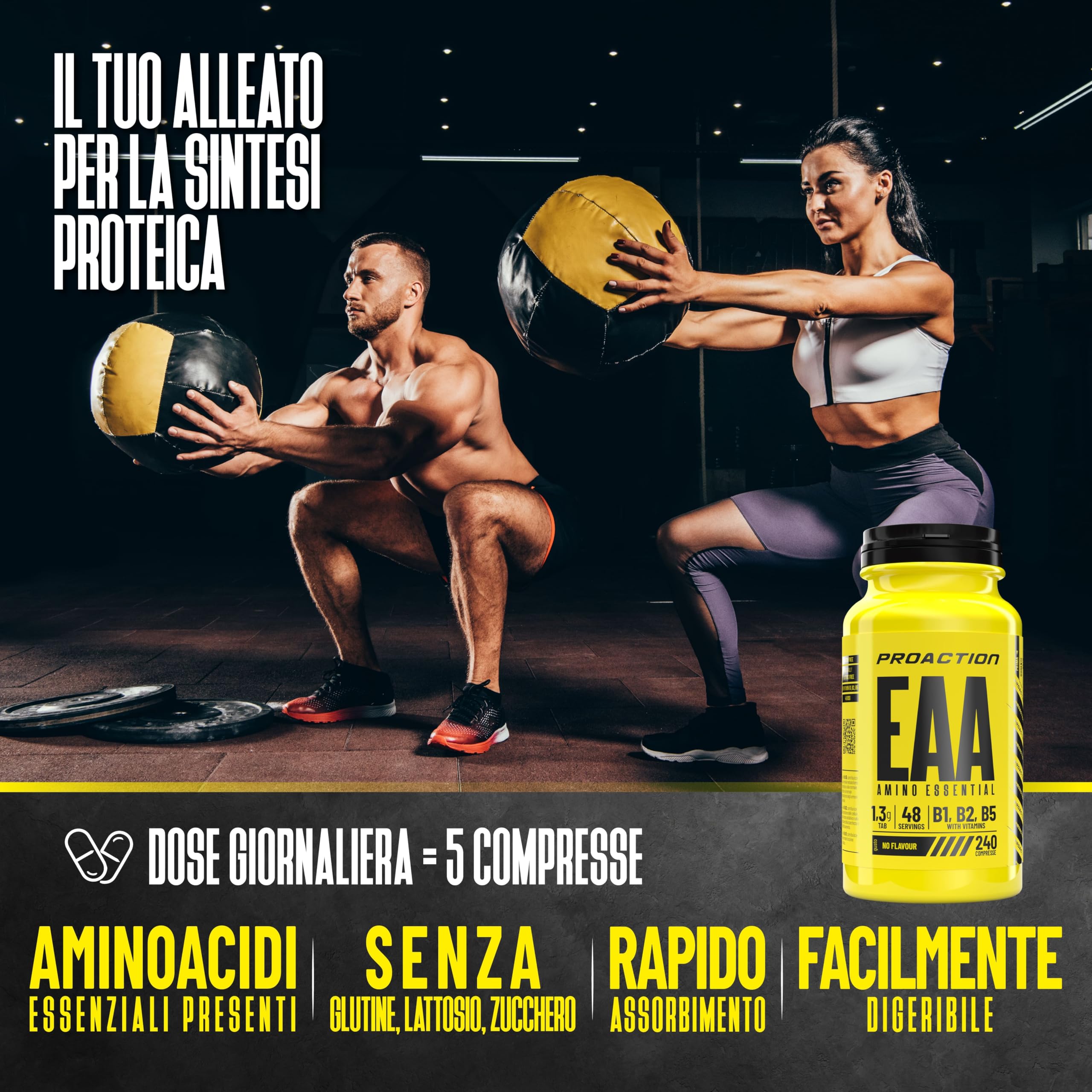 ProAction Aminoacidi Essenziali | EAA Aminoacidi Essenziali in Compresse | Recupero Muscolare, Crescita & Energia | Con BCAA e Vitamine B1, B2, B5 | Senza Zuccheri, Glutine e Lattosio | 240 Compresse