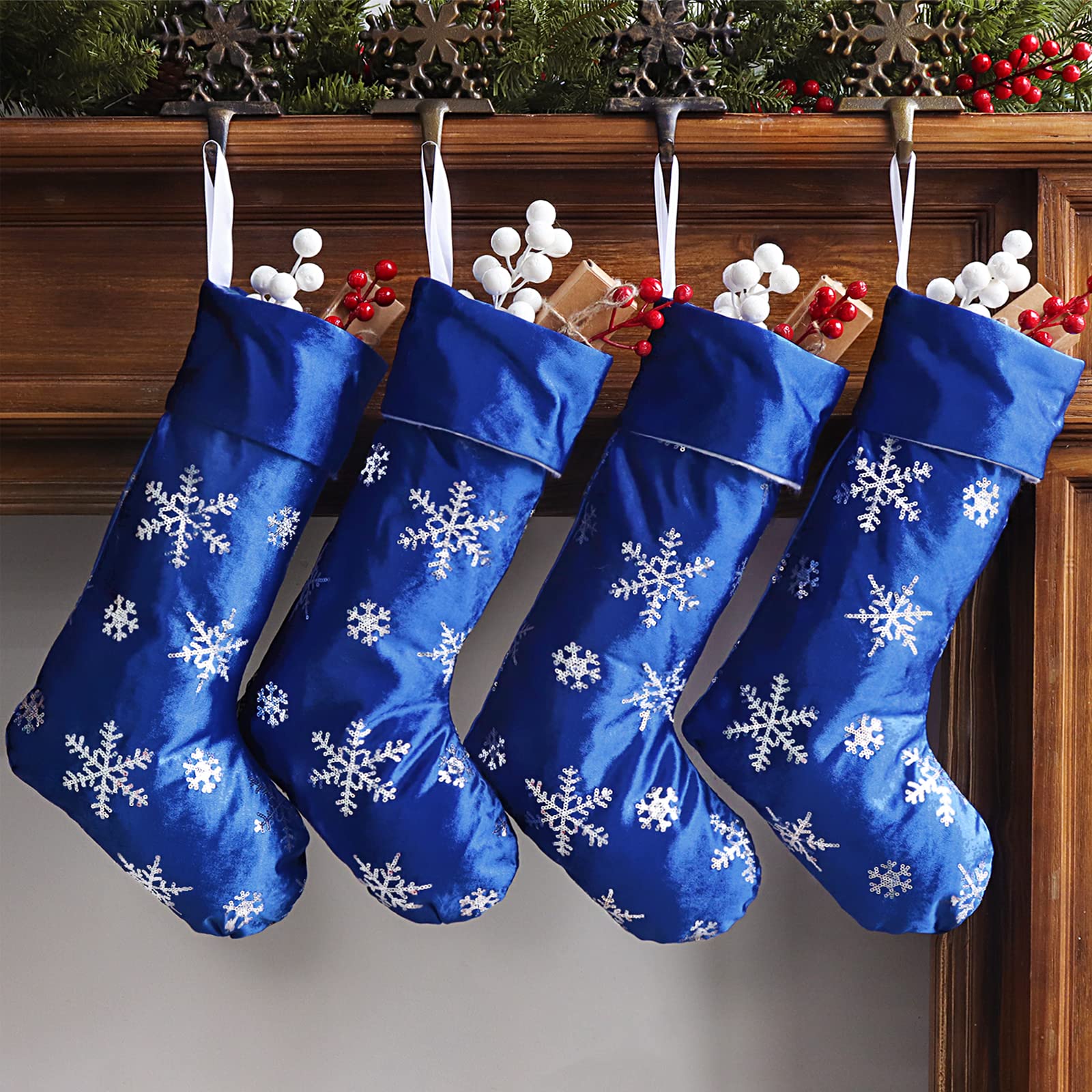 Bunny Chorus Christmas Stockings, 4 Pcs 18 inches Blue Mercerized Velvet with Silver Sequin Snowflake for Family Holiday Xmas Party Decorations