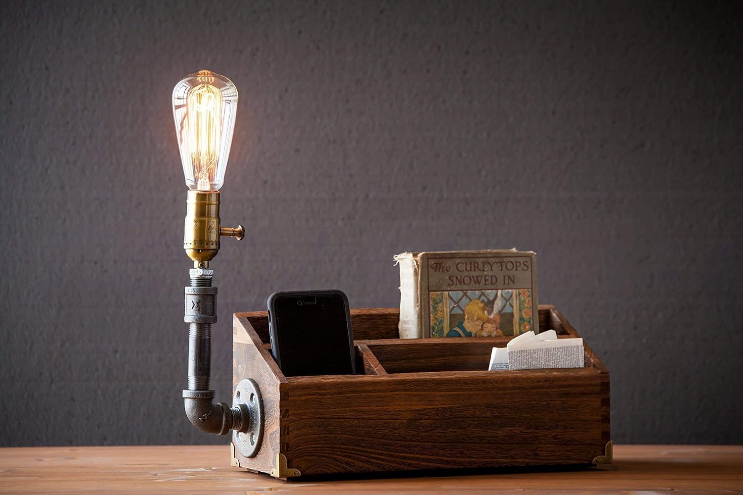 Review Discount Industrial Steampunk pipe Desk Organizer table lamp in oak with Classic Edison bulb
