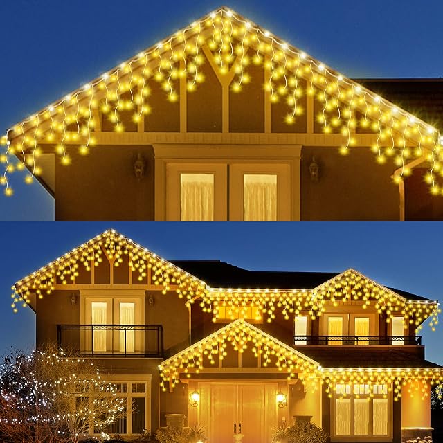 EMOIEMO Icicle Lights Outdoor, 460 LEDs 17.5m/57Ft Icicle Outdoor Christmas Lights,Christmas Outdoor Lights Warm White with 8Modes Fairy Lights Plug in for Home/Window/Party/Indoor Decor