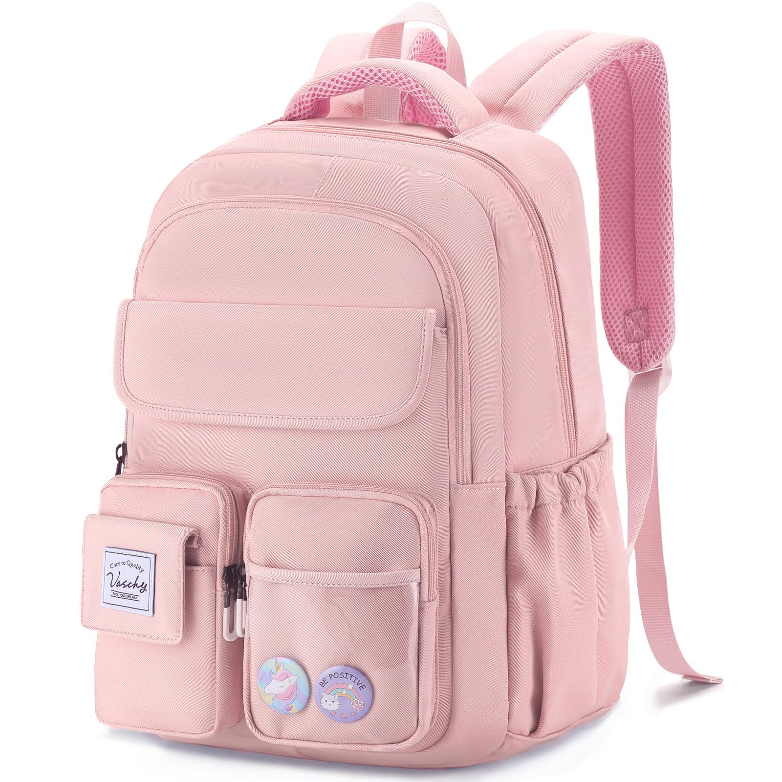 VASCHY Backpack for Girls, Cute School Bag Bookbag for Elementary Middle Schooler Teen Girls/Kids Travel with Clear Pin Pouch Pink