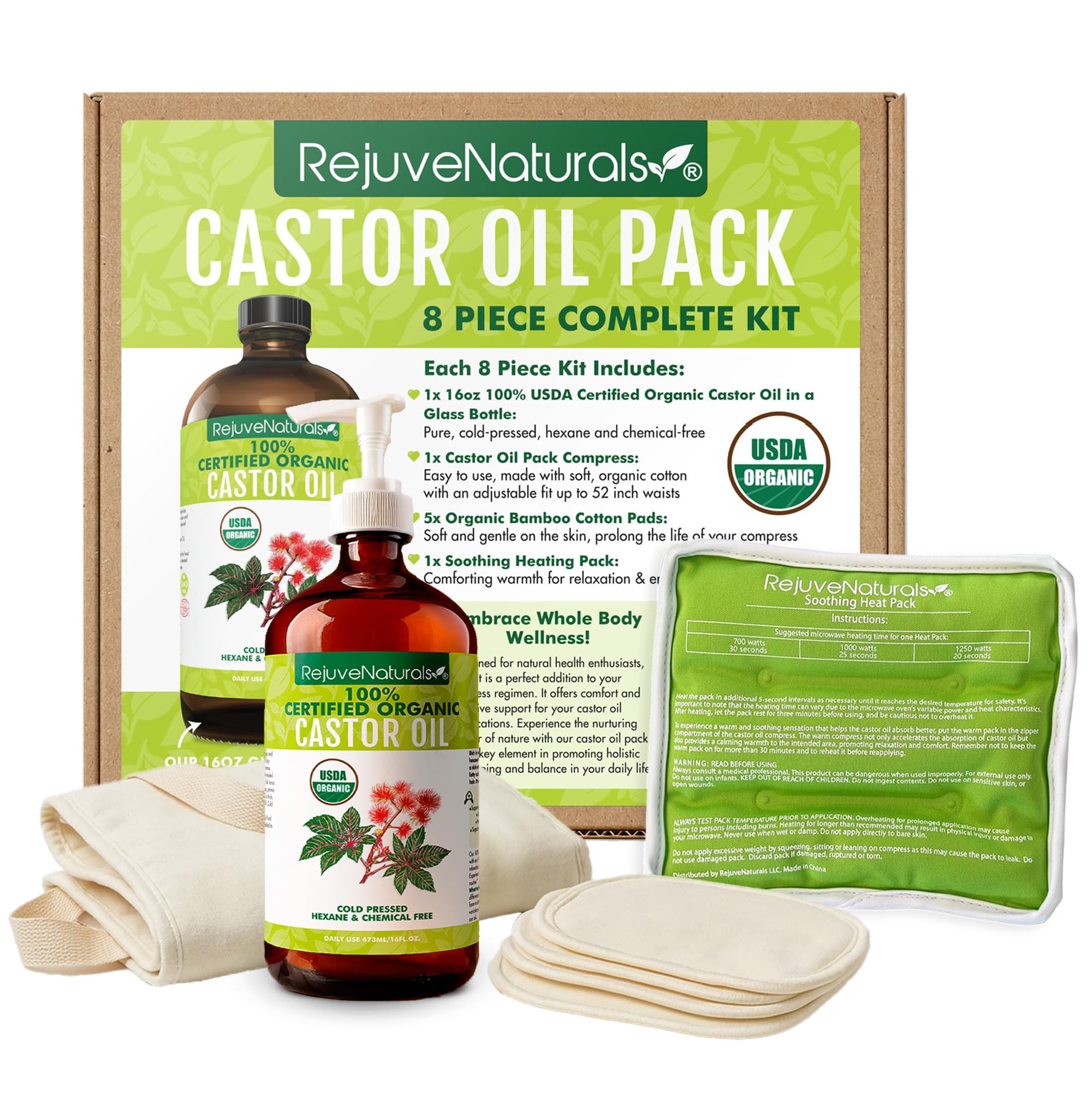 Castor Oil Pack - 8 Piece Complete Kit. Includes 16oz Glass Bottle of Organic Castor Oil, Easy to use Organic Cotton Compress with Adjustable Fit, 5 Soft Cotton Pads & Soothing Heat Pack..