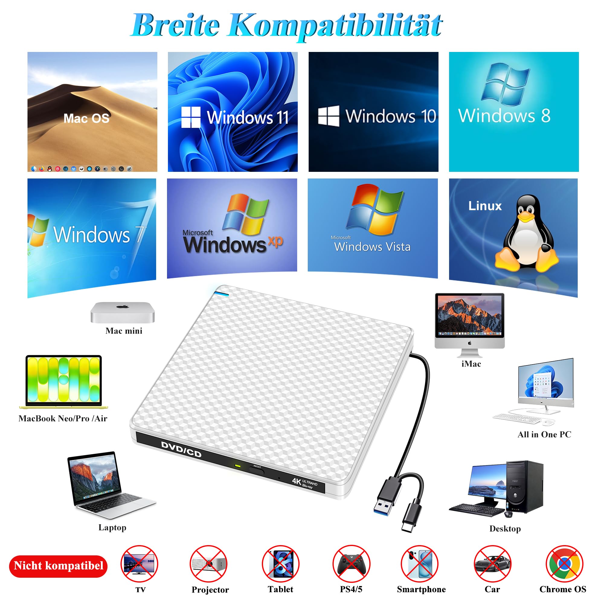 Externes 4K Blu Ray Laufwerk: USB C UHD Bluray Brenner Extern für Mac MacBook Laptop mit SD TF Kartenslot USB Ports Tragbar 3D DVD CD BDXL Externe Blu-ray Laufwerke für PC Windows 11