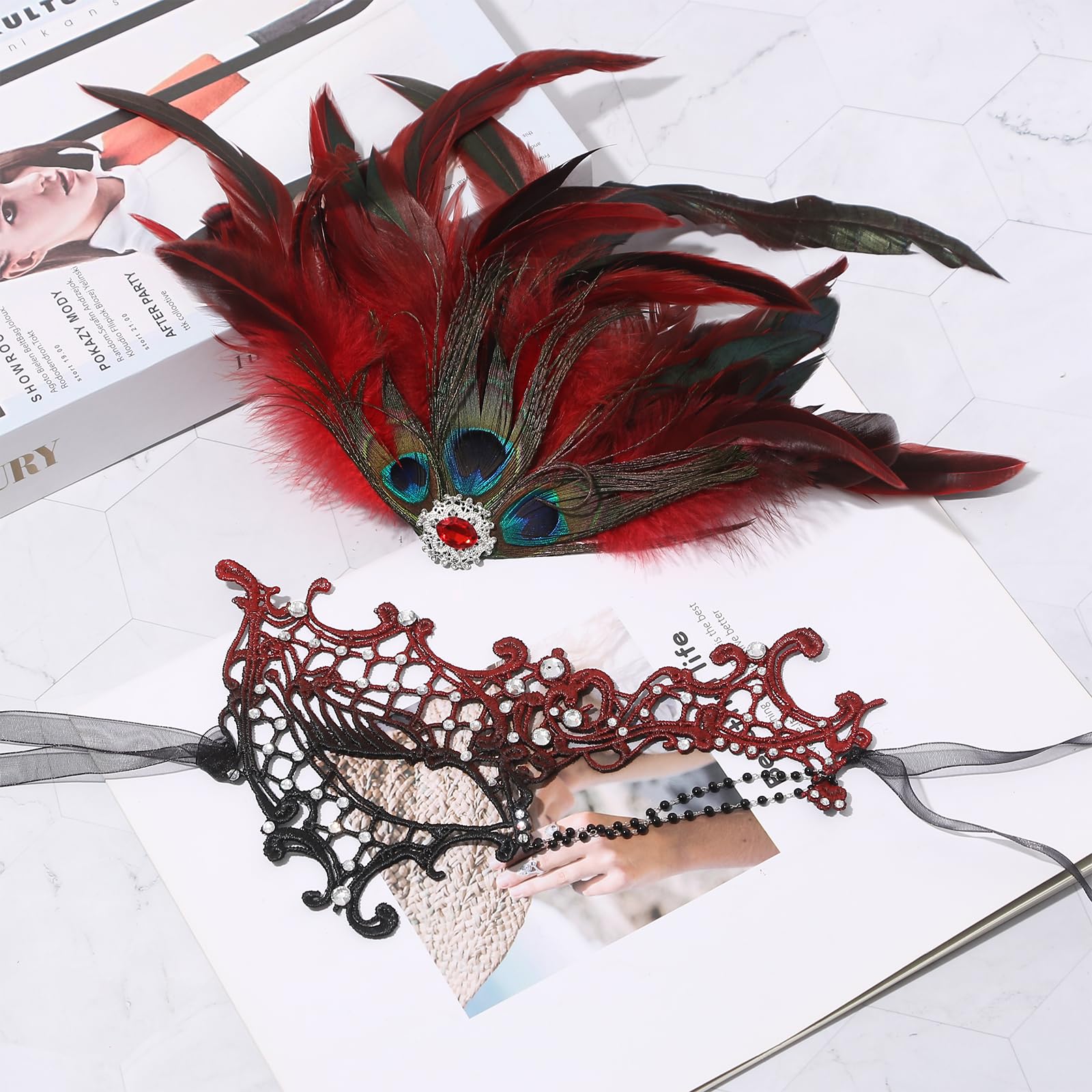 Oidea Masquerade Mask for Women: Elegant One Eyed Half Face Rhinestone Lace Feather Venetian Mask with Chain Halloween Mardi Gras Costume Party Ball Masks Red - Image 4