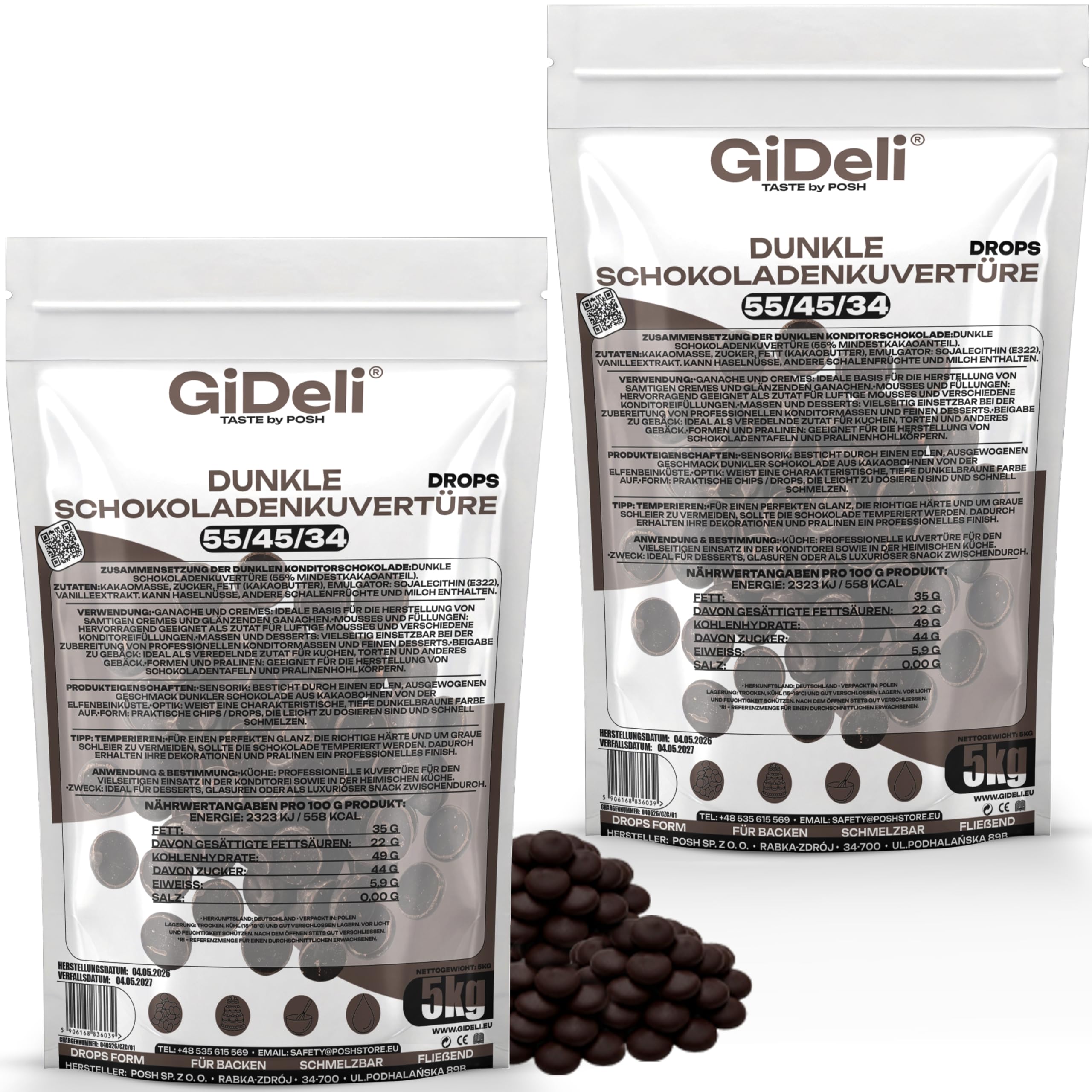 GiDeli Dunkle Schokoladenkuvertüre 55% Drops 2x5kg - Professionelle Zartbitterschokolade zum Temperieren - Kakao von der Elfenbeinküste - Einfache Dosierung - Ideal für Pralinen & Ganache