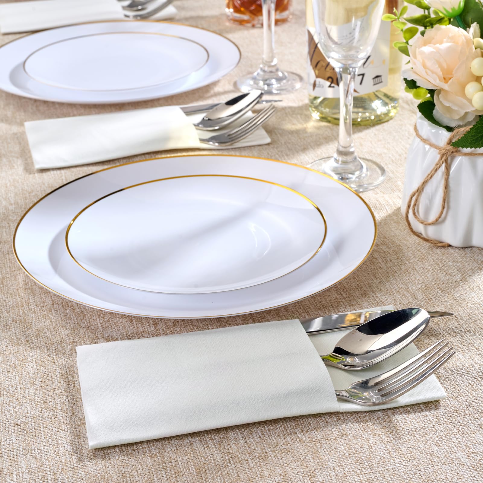 FOCUSLINE 200 servilletas desechables como servilletas, bolsillo integrado para cubiertos, servilletas de papel preplegadas blancas, servilletas de cena con tacto de lino para bodas, fiestas o eventos