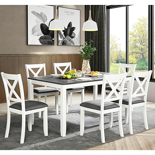 LUMISOL 7 Piece Solid Wood Dining Table and Chairs Set, Farmhouse Kitchen Table Set with 6 Upholstered Chairs for Kitchen, Dining Room, Grey+White