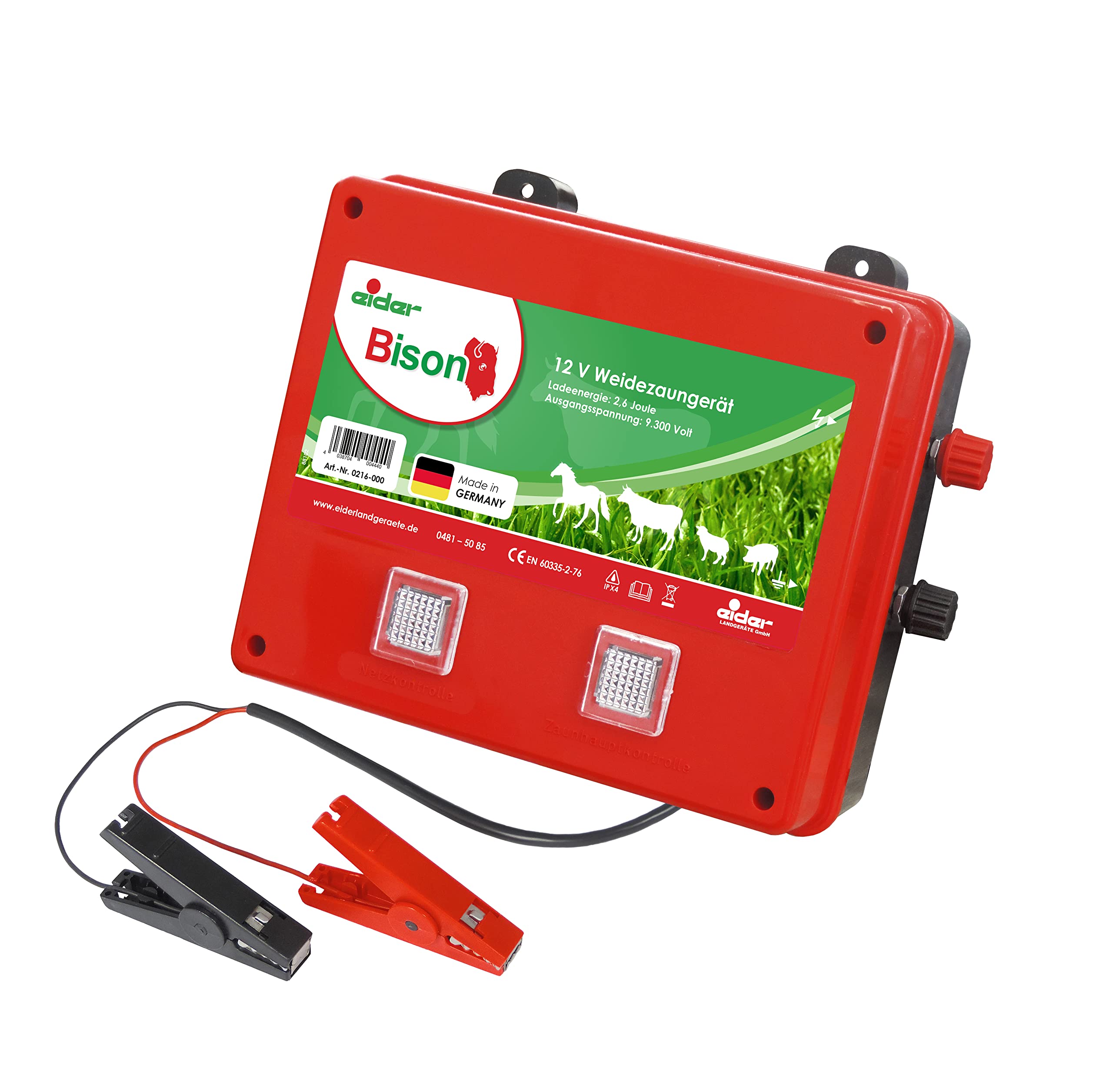 Eider Weidezaungerät Bison - schlagstarkes 12 Volt Batteriegerät - vielseitig für viele Tierarten einsetzbar, auch zur Wildabwehr - Made in Germany