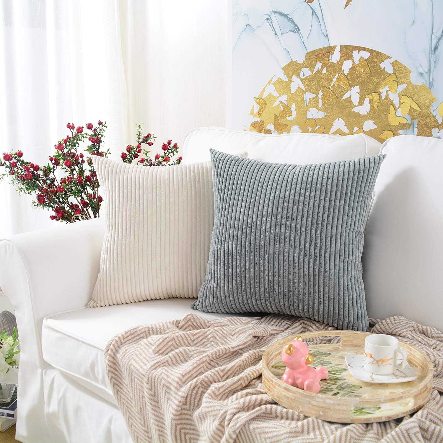 MERNETTE Pack of 2, Corduroy Soft Decorative Square Throw Pillow Cover Cushion Covers Pillowcase, Home Decor Decorations for Sofa Couch Bed Chair 16x16 Inch/40x40 cm (Striped Cream) : Home & Kitchen