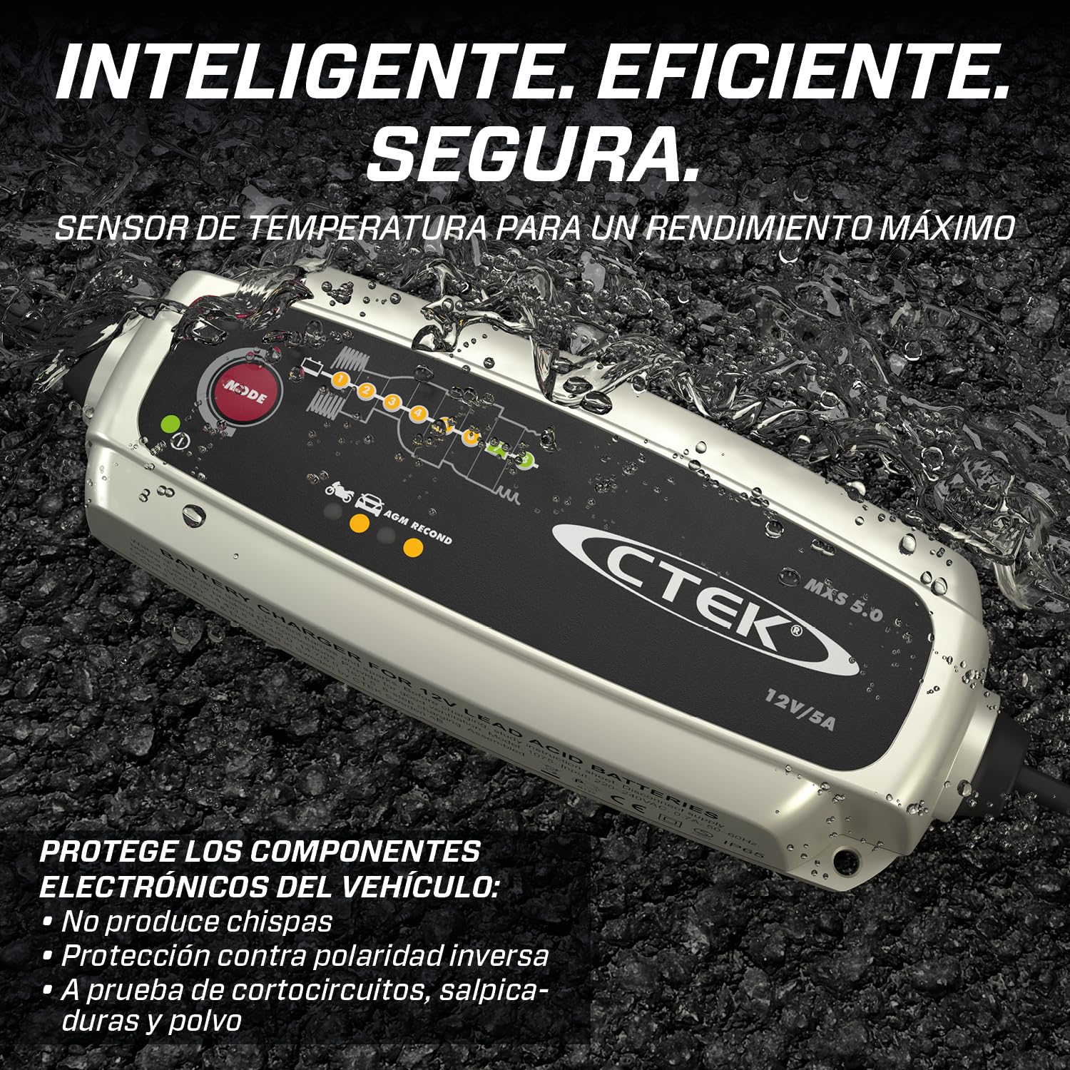 CTEK MXS 5.0, Cargador Batería 12V 5A con Compensación De Temperatura Incorporada, Cargador De Batería De Coche Y Moto, Cargador Inteligente Baterias, Mantenedor De Batería con Opción De AGM Dedicada