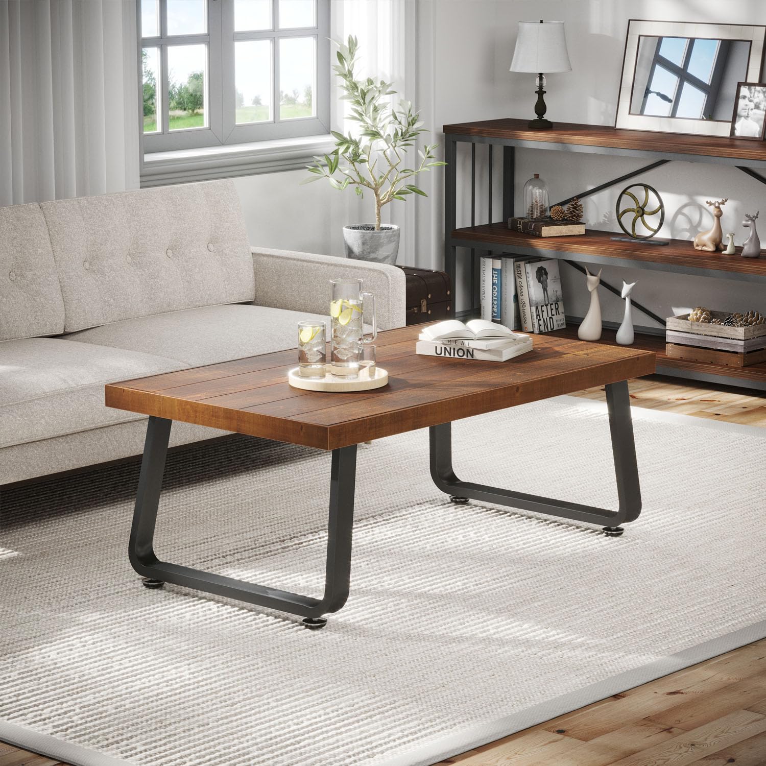 IBF Mesa de centro rústica, mesa de té industrial de madera maciza, mesa de centro de madera real de granja, mesa de cóctel rectangular minimalista moderna, 39 pulgadas