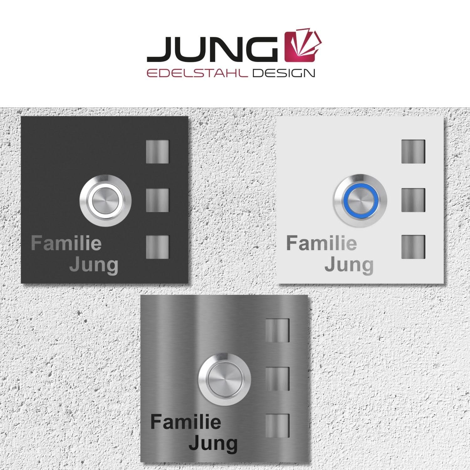 Jung-Edelstahl-Design Türklingel mit Gravur Köln Klingelplatte 7 x 7 cm. Led Taster. Weiss pulverbeschichtetes Klingelschild V2a Edelstahl. (LED grün)