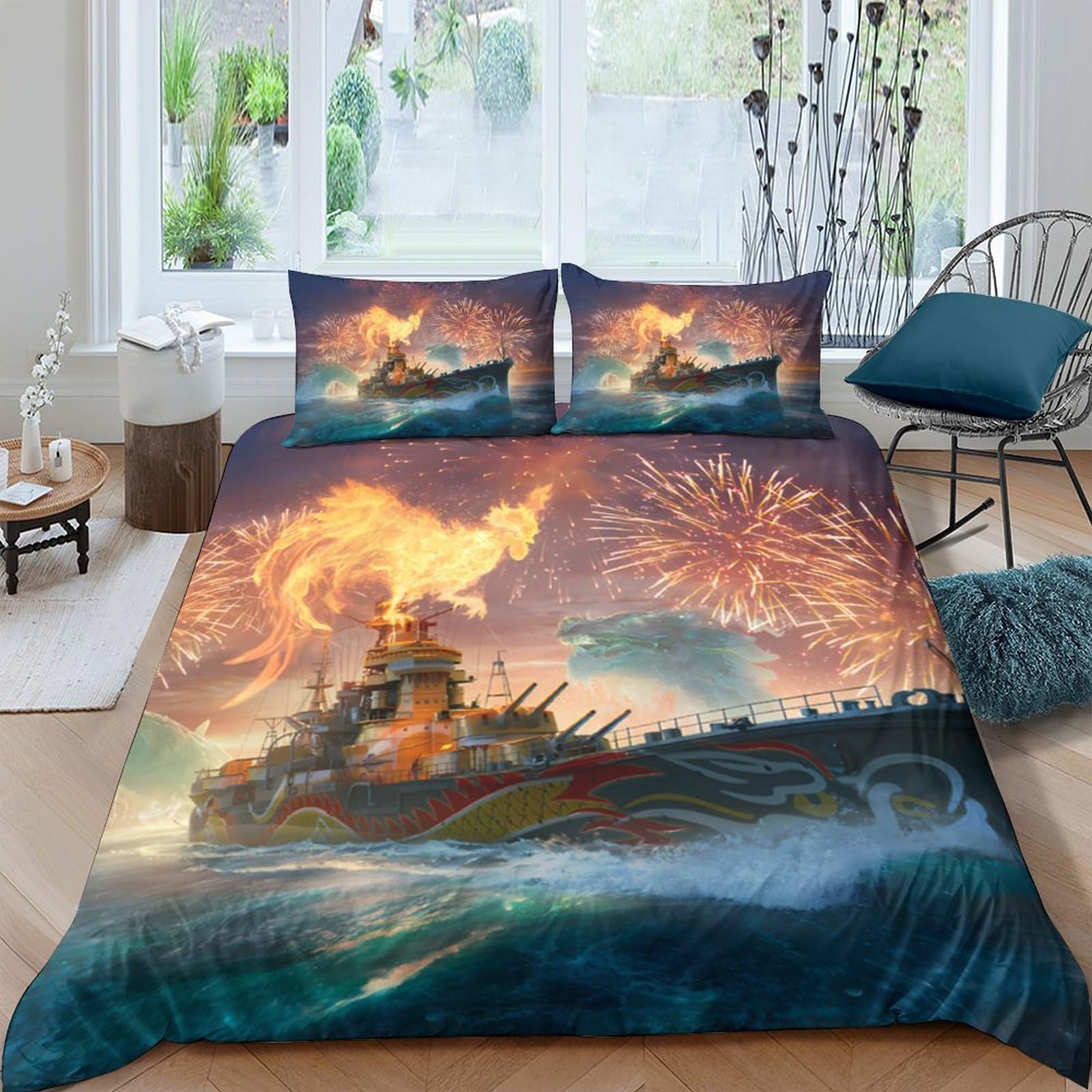 Ctjqhvkz Style-3 3D Printed Battleship Fireworks Fitted Sheet Microfiber Soft Breathable Ocean Waves Bed Cover For Bedroom Decor Single（135X200cm）