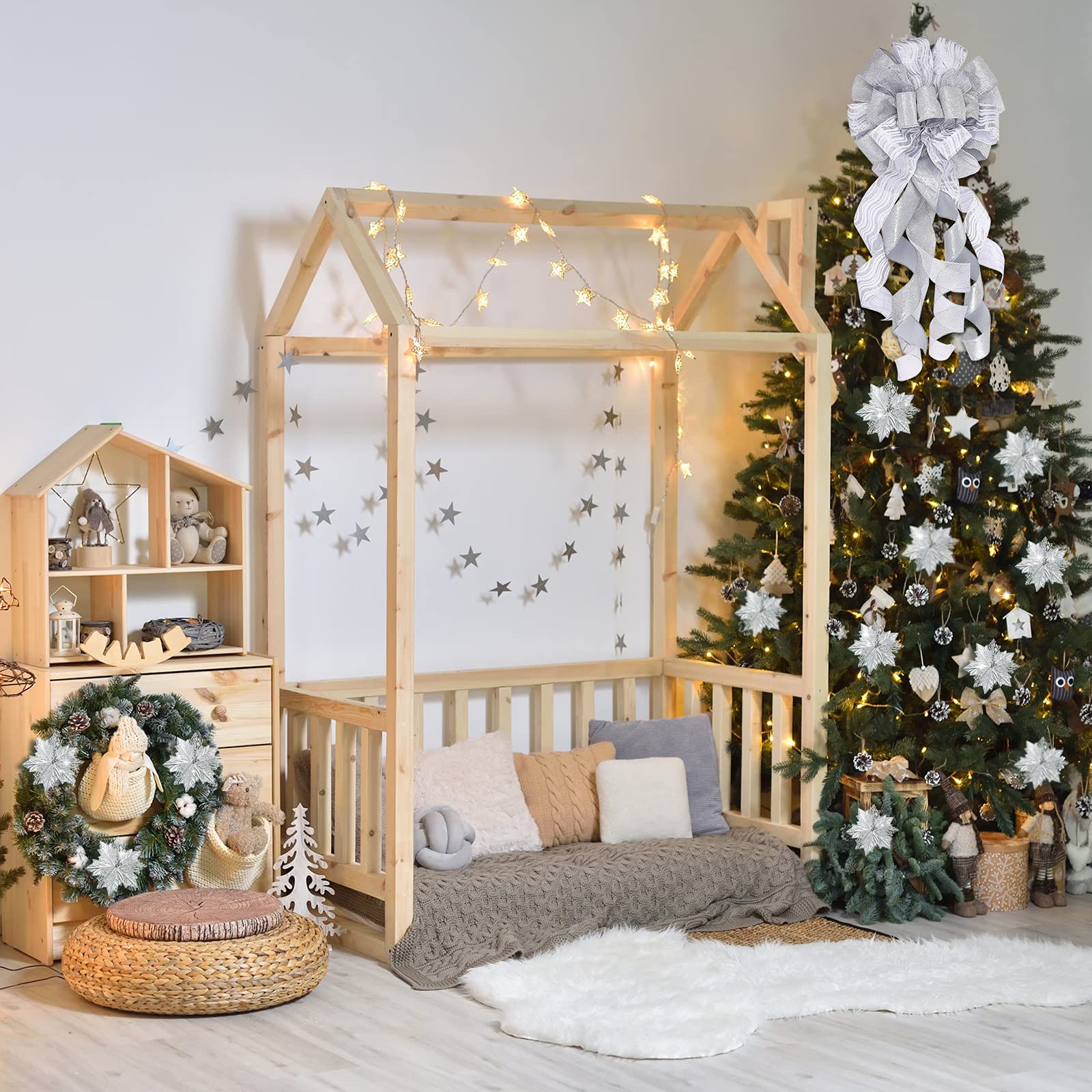 Grand Toppers de N UD 12 X 33 Pouces Noeud de Noël Suspendu Décoratif Ornements d'arbre de Noël Fleurs de Noël Artificielles avec Ruban pour Arbre de Noël (Argent)
