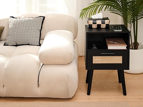 Miniatura 5 de Labcosi Mesita de noche de ratán natural, mesitas de noche de madera negra con estación de carga, mesa auxiliar moderna de mediados de siglo para