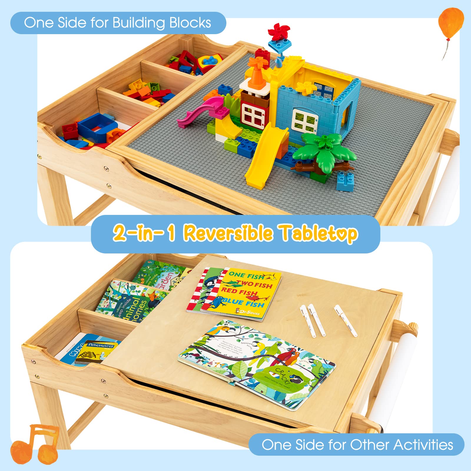 GOPLUS Table d'activités 2 en 1 avec plateau réversible, table de construction pour enfants de 3 ans et plus avec espace de rangement classé, table de jeu en bois avec barre latérale, 86,5 x 60 x 57