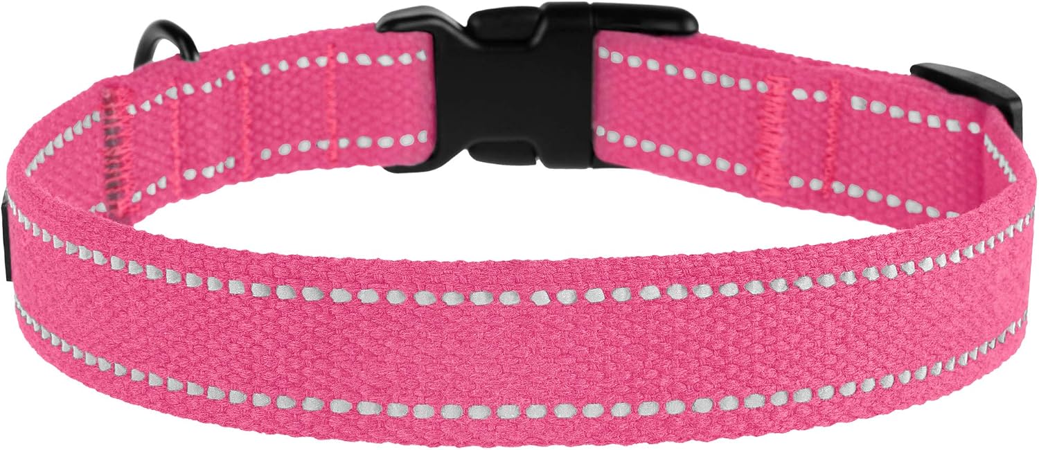BRONZEDOG Reflective Dog Collar Basic Natural Cotton Adjustable Buckle Safety Comfort Collars for Small Medium Large Dogs Puppy Black Red Blue Orange Pink (L, Neck Fit - 14"-20", Pink)