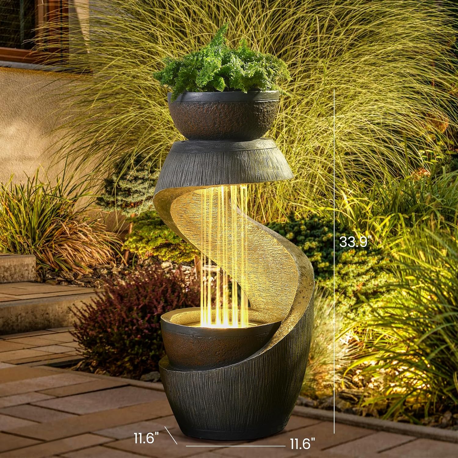 Outdoor Water Fountain with LED Lights, 31.9" Modern Resin Waterfall Fountain Outdoor, S-Shaped Garden Water Feature for Yard, Balcony, Home Decor, Patio Fountian and Waterfalls, Grey