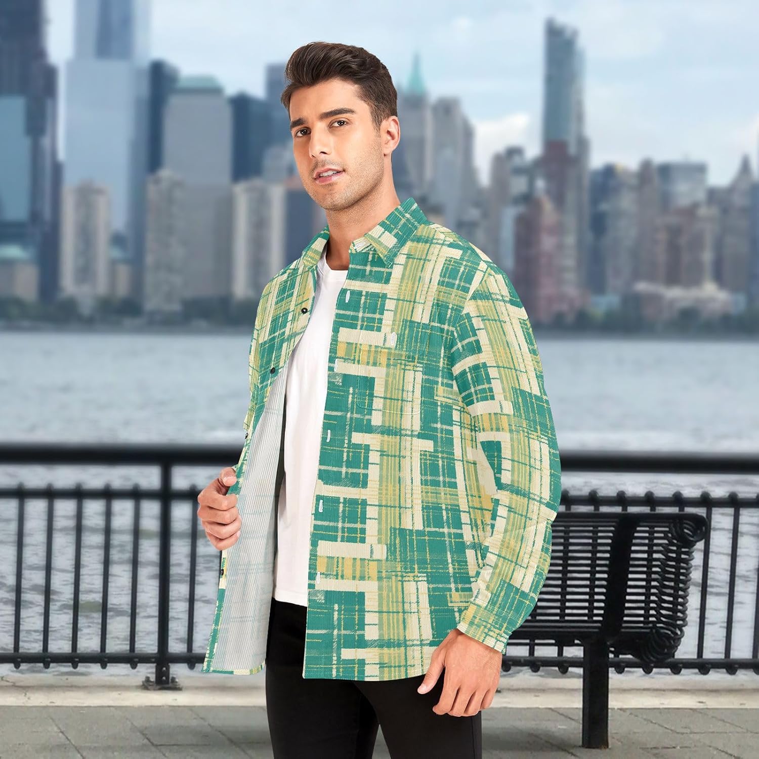 KLL Green Plaid Women's Men's Regular-Fit Rugby Shirts Vacation Long Sleeve Tops