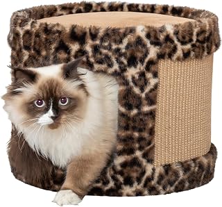 TRIXIE Kratzhöhle Leo, kuschelige Kratzhöhle mit gemütlichem Bett ø 38 × 30 cm, braun, Kratzbaum für Katzen, komfortabel & stabil - 48180