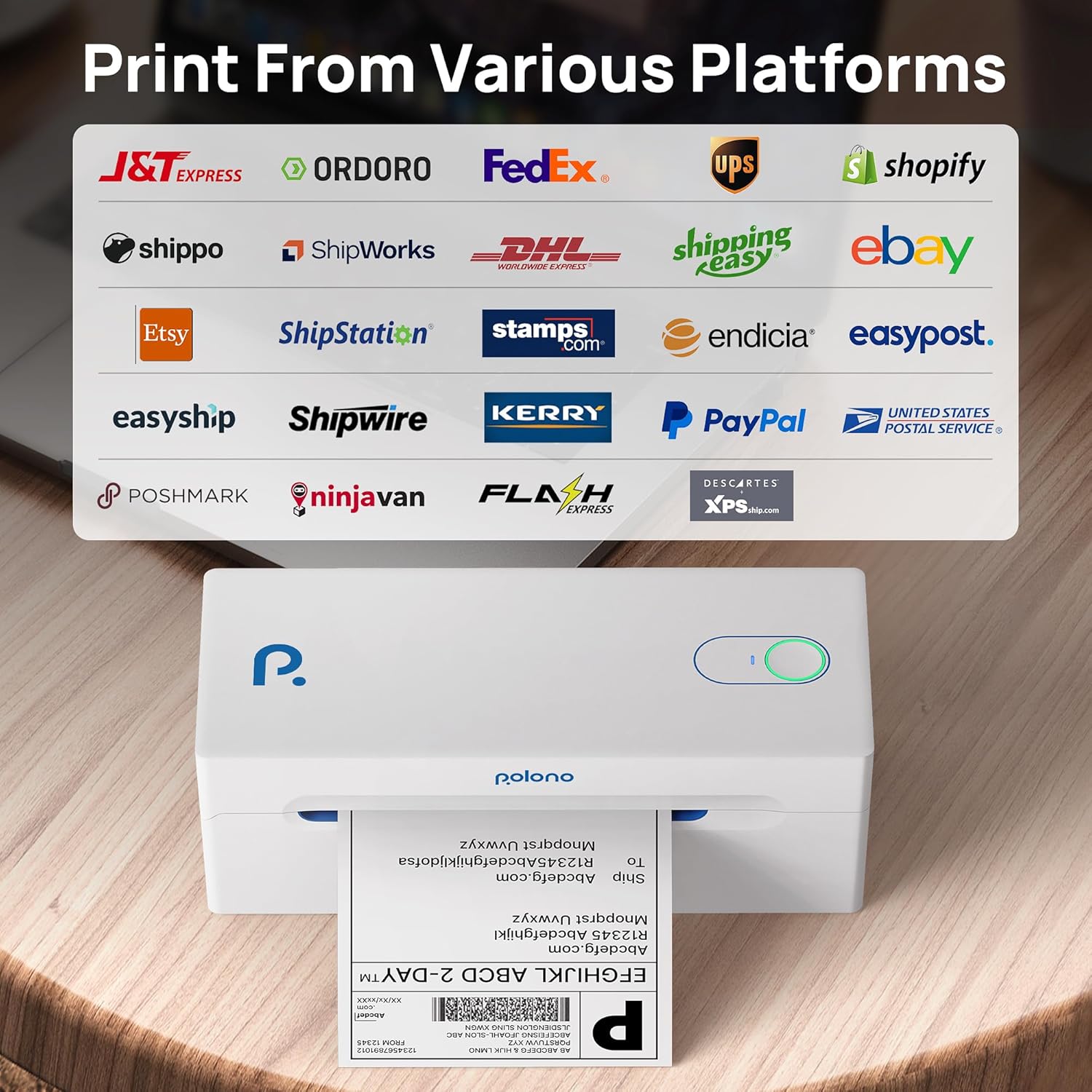 POLONO Bluetooth Thermal Shipping Label Printer, Wireless 4x6 Shipping Label Printer for Small Business, Support Android, iPhone, Windows, and Mac, Widely Used for Ebay, Amazon, Shopify, Etsy, USPS